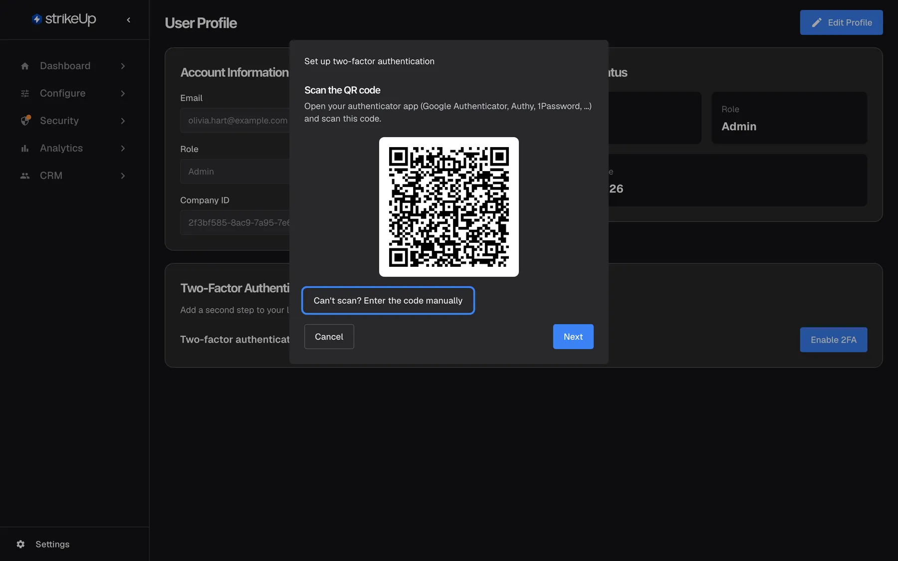 The dialog "Set up two-factor authentication" over the dimmed profile page. Its first step, "Scan the QR code", says "Open your authenticator app (Google Authenticator, Authy, 1Password, ...) and scan this code." above a QR code. Below the code, the toggle "Can't scan? Enter the code manually" is highlighted; it reveals the setup key so you can type it into the app instead of scanning. At the bottom are "Cancel" at the left and the blue "Next" button at the right.