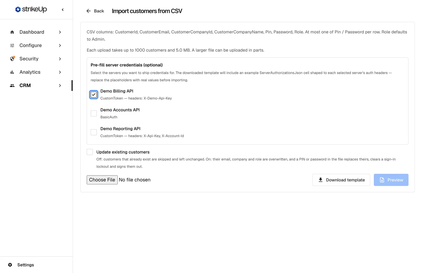 The "Pre-fill server credentials (optional)" box on the Import customers from CSV page. Its text explains that the downloaded template will include an example ServerAuthorizationsJson cell shaped to each selected server's auth headers. The checkbox for "Demo Billing API" (CustomToken, header X-Demo-Api-Key) is ticked and highlighted; "Demo Accounts API" (BasicAuth) and "Demo Reporting API" (CustomToken, headers X-Api-Key and X-Account-Id) stay unticked.