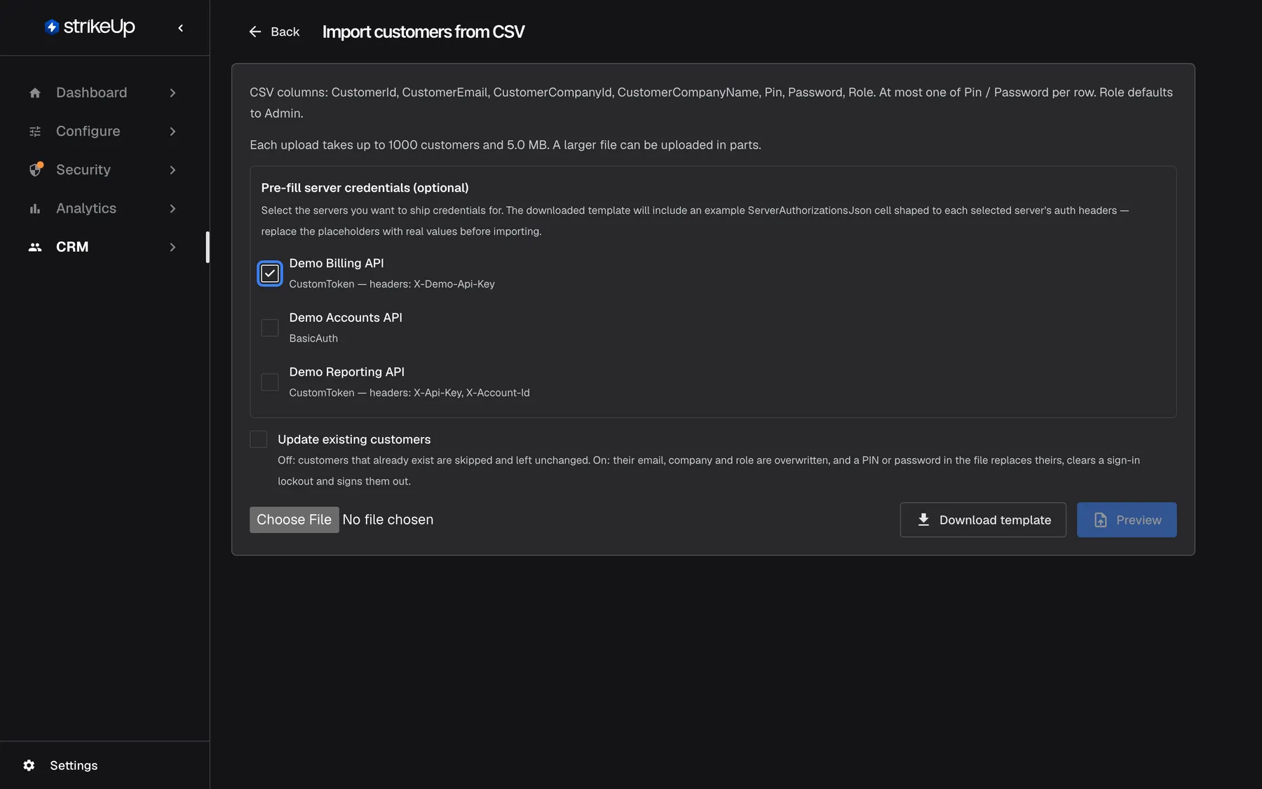 The "Pre-fill server credentials (optional)" box on the Import customers from CSV page. Its text explains that the downloaded template will include an example ServerAuthorizationsJson cell shaped to each selected server's auth headers. The checkbox for "Demo Billing API" (CustomToken, header X-Demo-Api-Key) is ticked and highlighted; "Demo Accounts API" (BasicAuth) and "Demo Reporting API" (CustomToken, headers X-Api-Key and X-Account-Id) stay unticked.