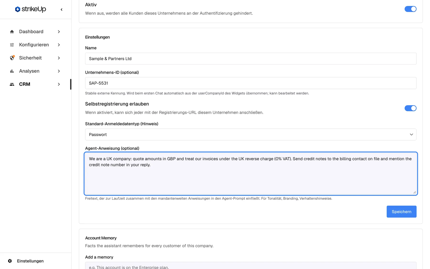 Die Karte „Einstellungen“ auf der Übersicht von „Sample & Partners Ltd“. Sie enthält Name „Sample & Partners Ltd“, „Unternehmens-ID (optional)“ SAP-5531, „Selbstregistrierung erlauben“ eingeschaltet, „Standard- Anmeldedatentyp (Hinweis)“ auf „Passwort“ und das hervorgehobene Feld „Agent-Anweisung (optional)“. Die Anweisung besagt, dass das Unternehmen in Großbritannien sitzt, Beträge in GBP wünscht und nach dem britischen Reverse-Charge-Verfahren (0 % MwSt.) abgerechnet wird, und dass Gutschriften an den Rechnungskontakt gehen. Eine Schaltfläche „Speichern“ unten speichert alle Einstellungen zusammen.