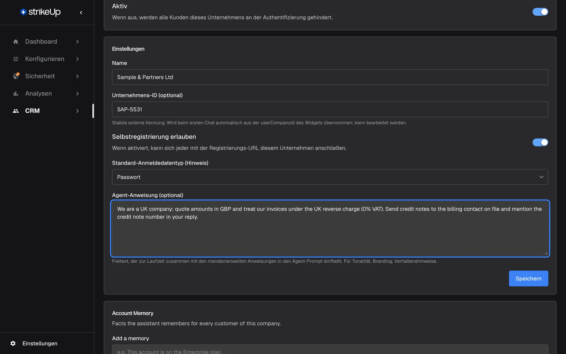 Die Karte „Einstellungen“ auf der Übersicht von „Sample & Partners Ltd“. Sie enthält Name „Sample & Partners Ltd“, „Unternehmens-ID (optional)“ SAP-5531, „Selbstregistrierung erlauben“ eingeschaltet, „Standard- Anmeldedatentyp (Hinweis)“ auf „Passwort“ und das hervorgehobene Feld „Agent-Anweisung (optional)“. Die Anweisung besagt, dass das Unternehmen in Großbritannien sitzt, Beträge in GBP wünscht und nach dem britischen Reverse-Charge-Verfahren (0 % MwSt.) abgerechnet wird, und dass Gutschriften an den Rechnungskontakt gehen. Eine Schaltfläche „Speichern“ unten speichert alle Einstellungen zusammen.