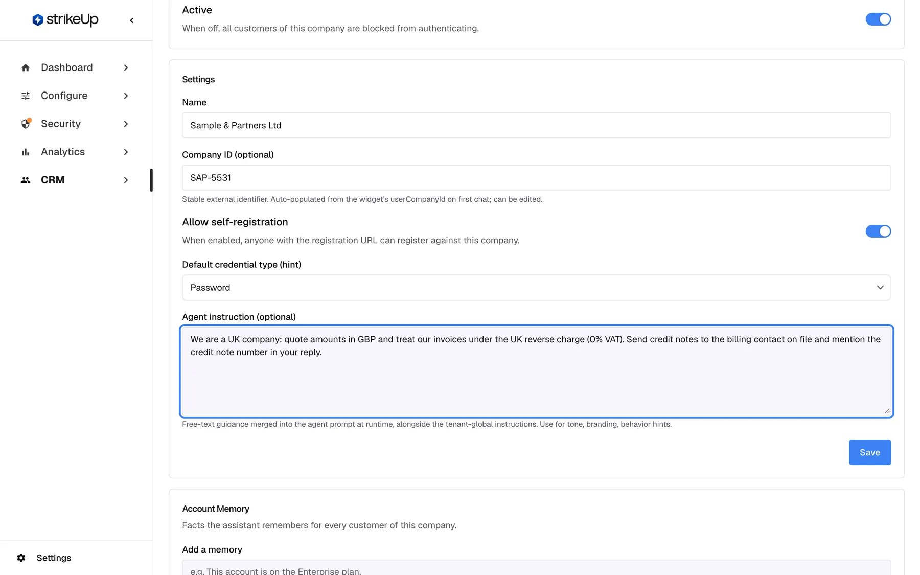The Settings card on the Overview tab of "Sample & Partners Ltd". It holds Name "Sample & Partners Ltd", "Company ID (optional)" SAP-5531, "Allow self-registration" switched on, "Default credential type (hint)" set to "Password", and the highlighted "Agent instruction (optional)" box. The instruction says the company is in the UK, wants amounts in GBP and is invoiced under the UK reverse charge (0% VAT), and that credit notes go to the billing contact. One Save button at the bottom stores all settings together.
