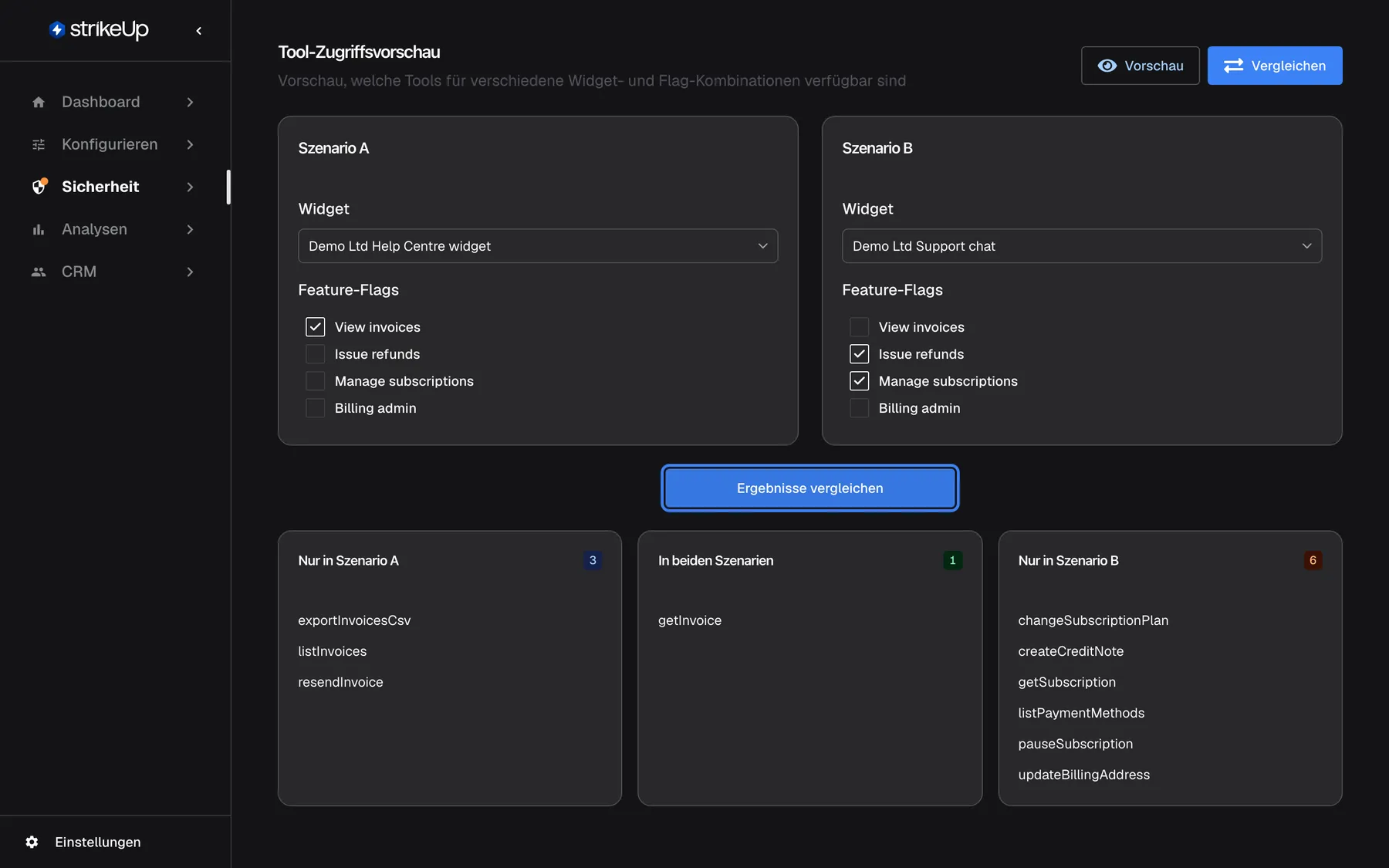 Die Seite „Tool-Zugriffsvorschau“ im Modus Vergleichen. „Szenario A“ nutzt das Widget Demo Ltd Help Centre widget mit angehakter Richtlinie View invoices unter „Feature-Flags“; „Szenario B“ nutzt Demo Ltd Support chat mit Issue refunds und Manage subscriptions. Nach einem Klick auf die hervorgehobene Schaltfläche „Ergebnisse vergleichen“ zeigen die Ergebnisse drei Spalten: „Nur in Szenario A“ (exportInvoicesCsv, listInvoices, resendInvoice), „In beiden Szenarien“ (getInvoice) und „Nur in Szenario B“ mit sechs Tools wie createCreditNote und changeSubscriptionPlan.