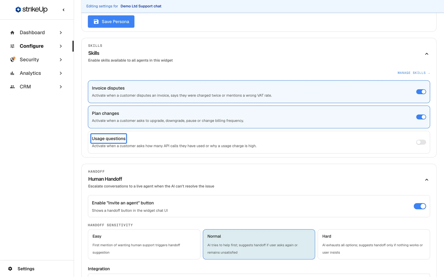 The Skills section of the AI & UX page for "Demo Ltd Support chat", described as "Enable skills available to all agents in this widget", with a "Manage Skills →" link at the right. Three skill cards each show a name, the situation that triggers it and a switch: "Invoice disputes" and "Plan changes" are switched on; the highlighted "Usage questions" ("Activate when a customer asks how many API calls they have used or why a usage charge is high.") is switched off for this widget. Flipping a switch adds or removes that skill for this widget at once.