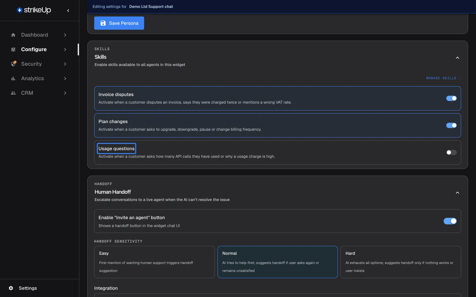 The Skills section of the AI & UX page for "Demo Ltd Support chat", described as "Enable skills available to all agents in this widget", with a "Manage Skills →" link at the right. Three skill cards each show a name, the situation that triggers it and a switch: "Invoice disputes" and "Plan changes" are switched on; the highlighted "Usage questions" ("Activate when a customer asks how many API calls they have used or why a usage charge is high.") is switched off for this widget. Flipping a switch adds or removes that skill for this widget at once.