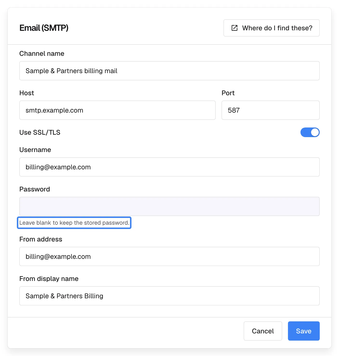 The "Email (SMTP)" dialog for the channel "Sample & Partners billing mail", with the link "Where do I find these?" at the top right. "Channel name" reads "Sample & Partners billing mail", "Host" "smtp.example.com", "Port" "587", "Use SSL/TLS" is on, "Username" "billing@example.com", and "Password" is empty with the highlighted hint "Leave blank to keep the stored password.". "From address" reads "billing@example.com" and "From display name" "Sample & Partners Billing". "Cancel" and "Save" are at the bottom.