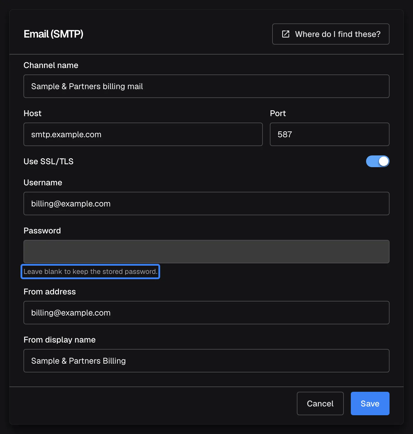 The "Email (SMTP)" dialog for the channel "Sample & Partners billing mail", with the link "Where do I find these?" at the top right. "Channel name" reads "Sample & Partners billing mail", "Host" "smtp.example.com", "Port" "587", "Use SSL/TLS" is on, "Username" "billing@example.com", and "Password" is empty with the highlighted hint "Leave blank to keep the stored password.". "From address" reads "billing@example.com" and "From display name" "Sample & Partners Billing". "Cancel" and "Save" are at the bottom.