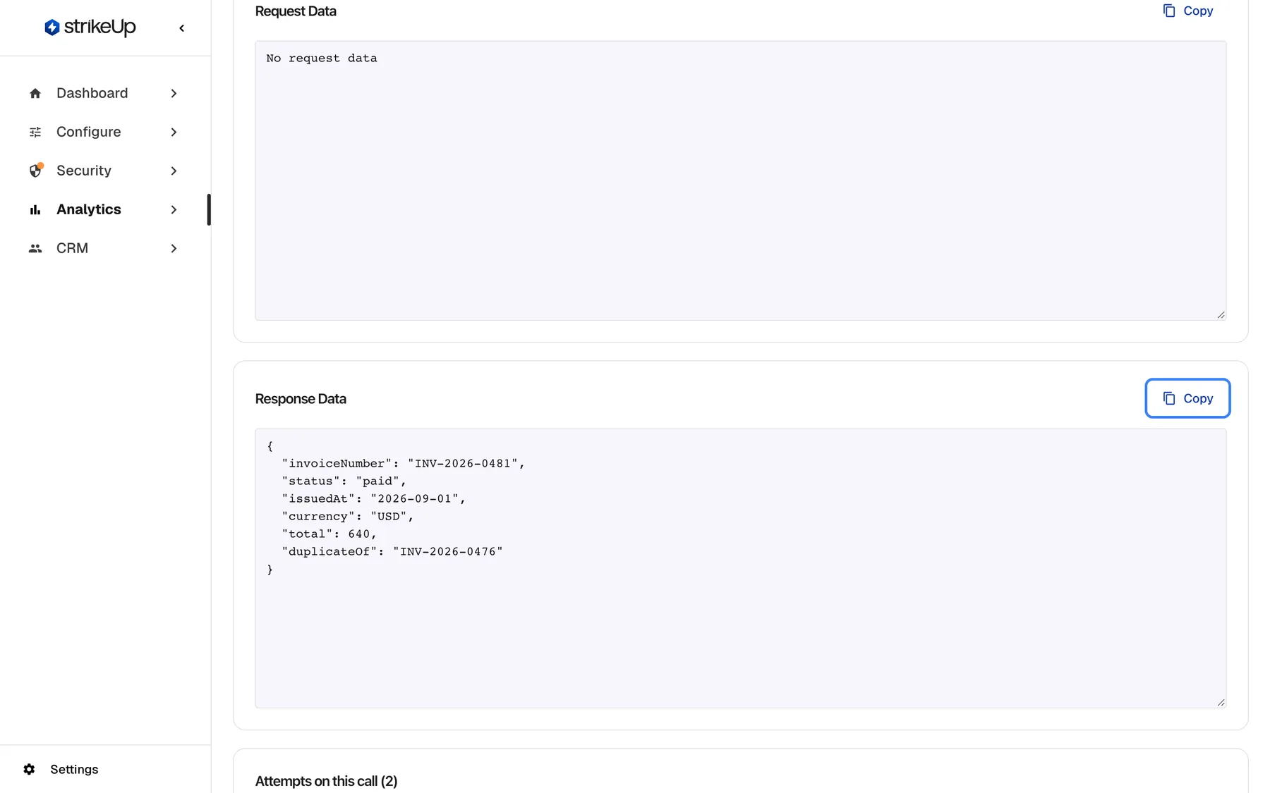 The middle of the tool run page. "Request Data" shows "No request data", because a GET call sends no body. "Response Data" shows the API's JSON answer, pretty-printed: invoiceNumber INV-2026-0481, status paid, issuedAt 2026-09-01, currency USD, total 640 and duplicateOf INV-2026-0476. The highlighted "Copy" button of Response Data copies the response; masking rules apply to this response before it is stored, the request is stored as sent.