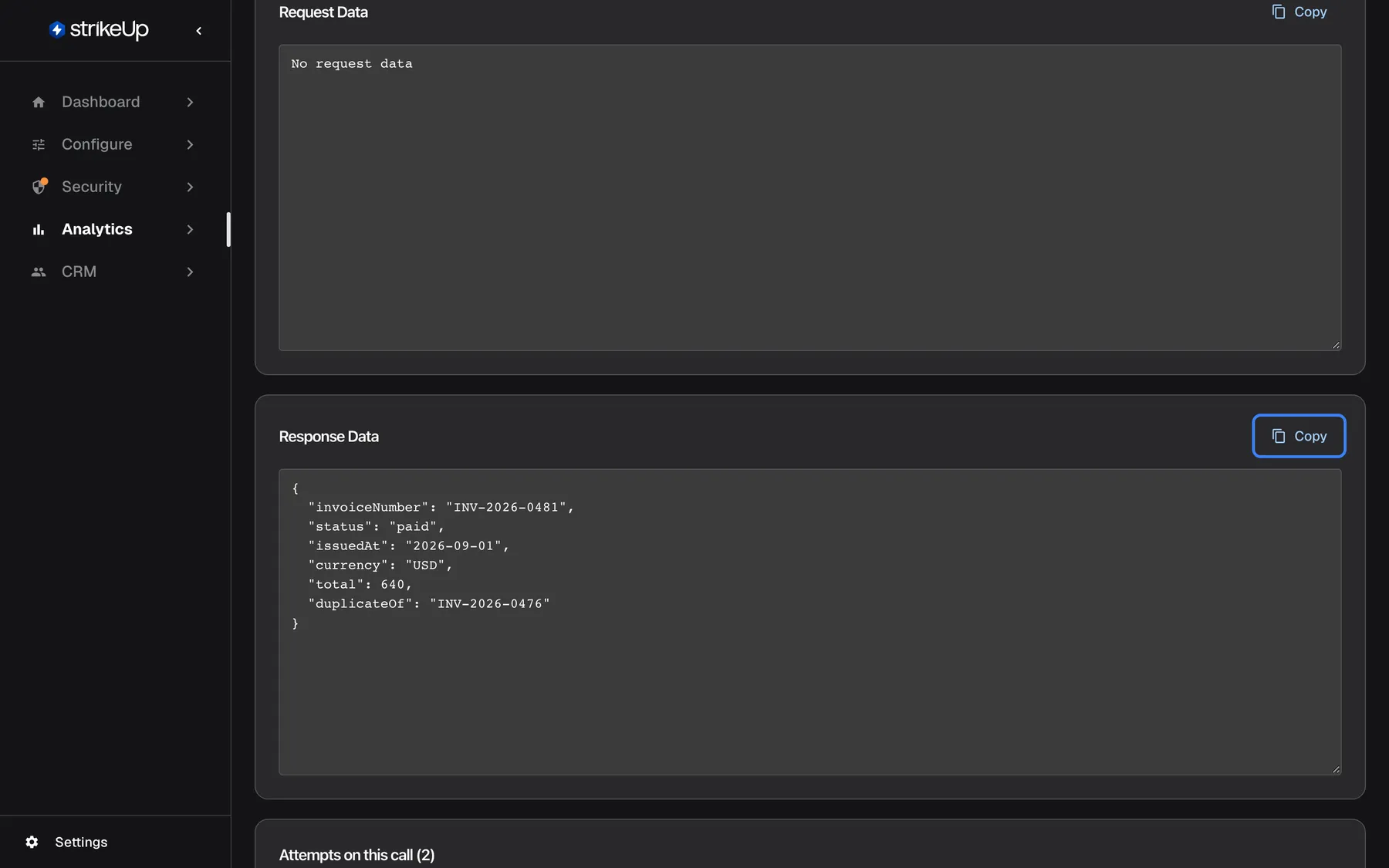 The middle of the tool run page. "Request Data" shows "No request data", because a GET call sends no body. "Response Data" shows the API's JSON answer, pretty-printed: invoiceNumber INV-2026-0481, status paid, issuedAt 2026-09-01, currency USD, total 640 and duplicateOf INV-2026-0476. The highlighted "Copy" button of Response Data copies the response; masking rules apply to this response before it is stored, the request is stored as sent.