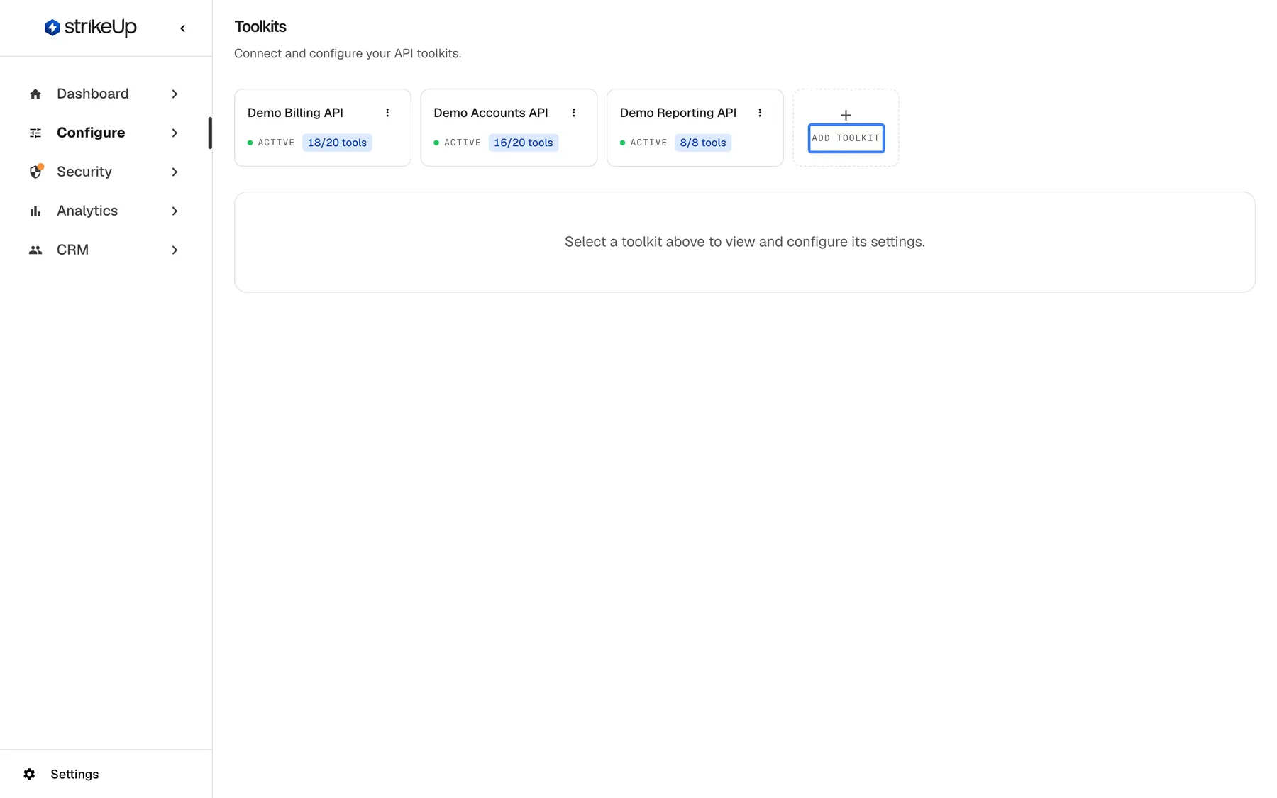 Step 2, the "Toolkits" page under Configure, subtitle "Connect and configure your API toolkits.". A row of cards lists the connected APIs "Demo Billing API" (Active, 18/20 tools), "Demo Accounts API" (Active, 16/20 tools) and "Demo Reporting API" (Active, 8/8 tools). The last card, a plus sign labelled "Add toolkit", is highlighted; it opens the dialog where you paste the address of your OpenAPI or Swagger specification. Below the cards: "Select a toolkit above to view and configure its settings."