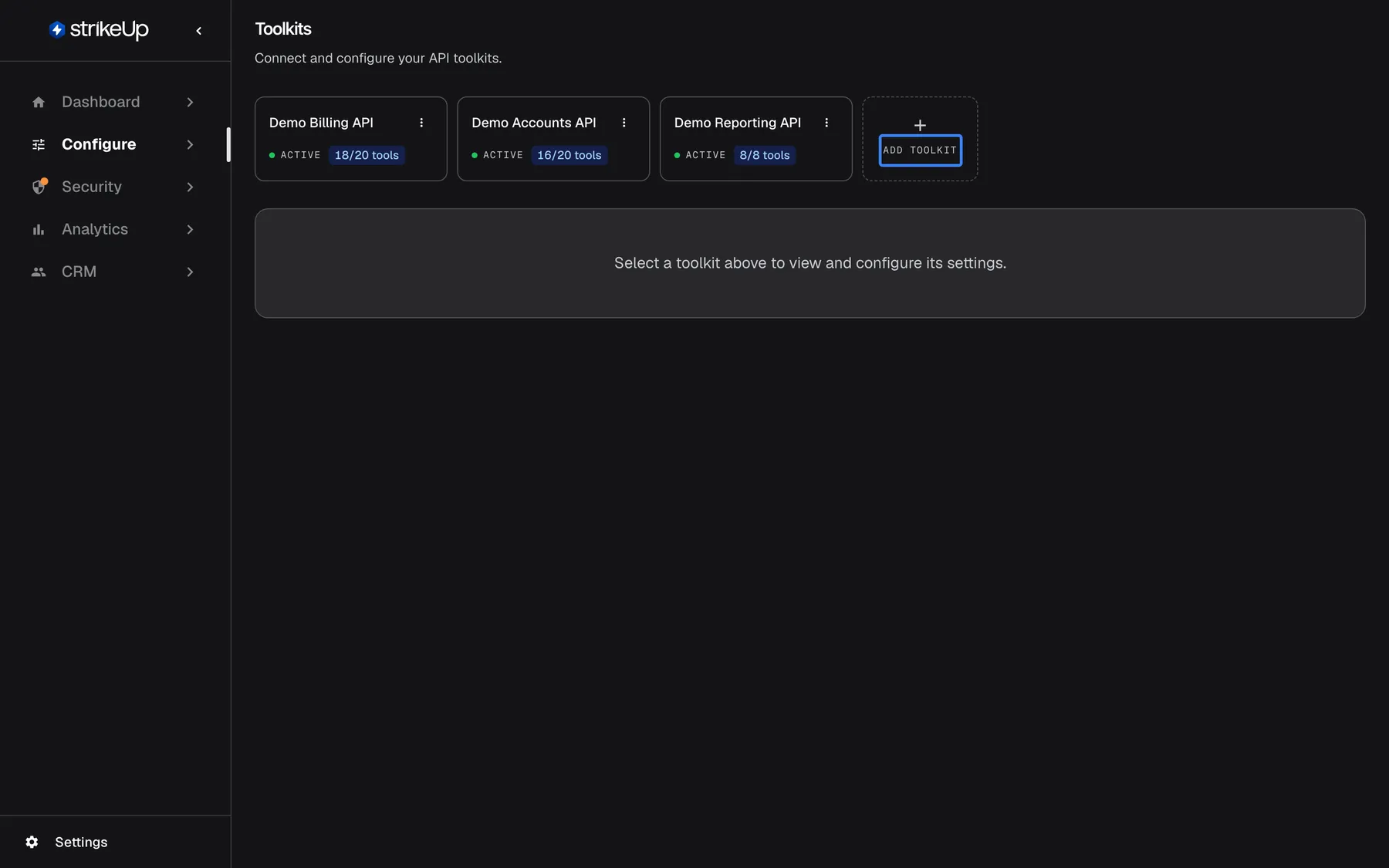 Step 2, the "Toolkits" page under Configure, subtitle "Connect and configure your API toolkits.". A row of cards lists the connected APIs "Demo Billing API" (Active, 18/20 tools), "Demo Accounts API" (Active, 16/20 tools) and "Demo Reporting API" (Active, 8/8 tools). The last card, a plus sign labelled "Add toolkit", is highlighted; it opens the dialog where you paste the address of your OpenAPI or Swagger specification. Below the cards: "Select a toolkit above to view and configure its settings."