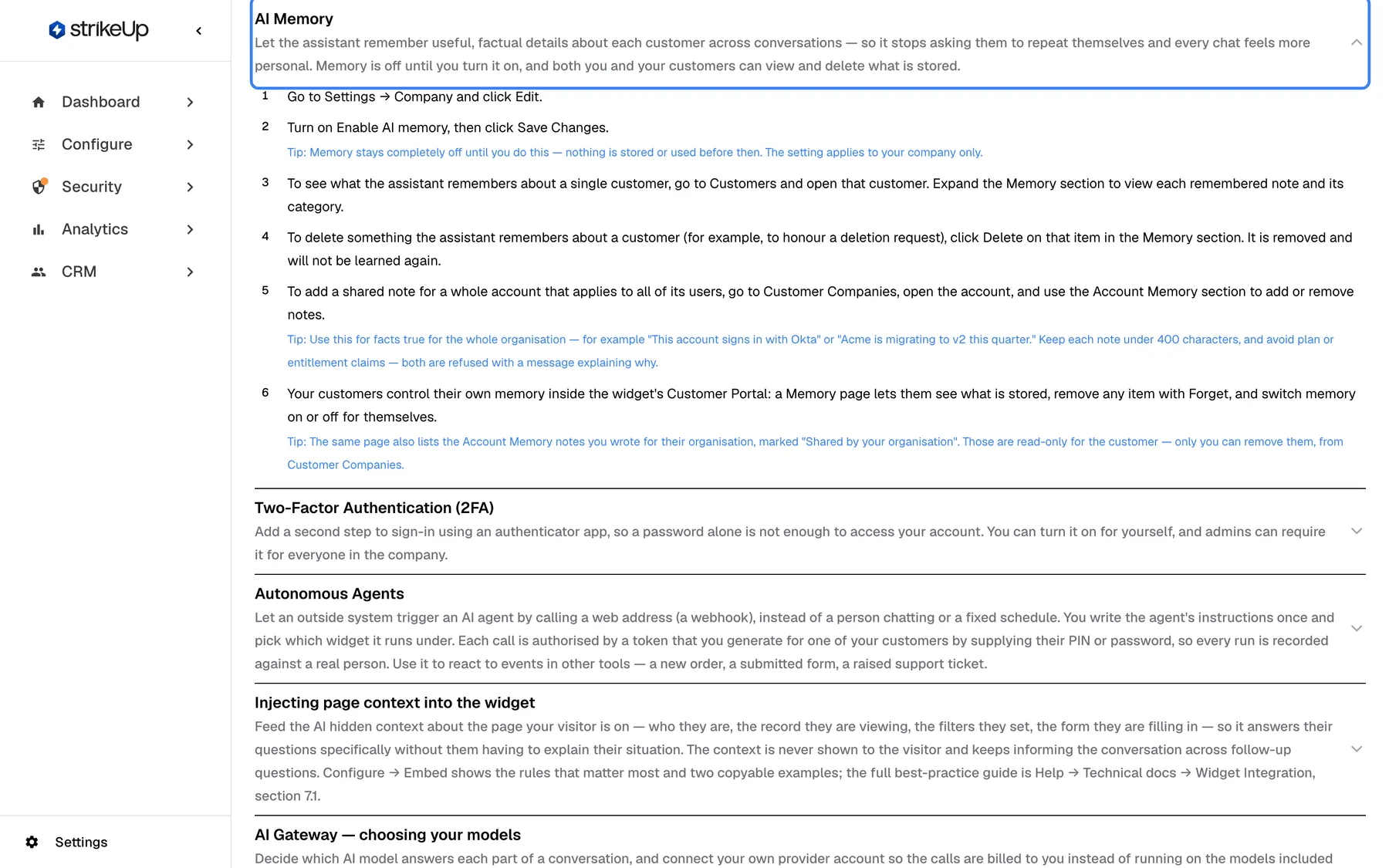 The Guide tab of Help & FAQ with the topic "AI Memory" opened and its header highlighted. The header says the assistant remembers useful, factual details about each customer across conversations and that memory is off until you turn it on. Below it, numbered steps explain where to switch memory on and how to review and delete memories, followed by a "Tip:" line. The next topics, such as "Two-Factor Authentication (2FA)", stay closed.