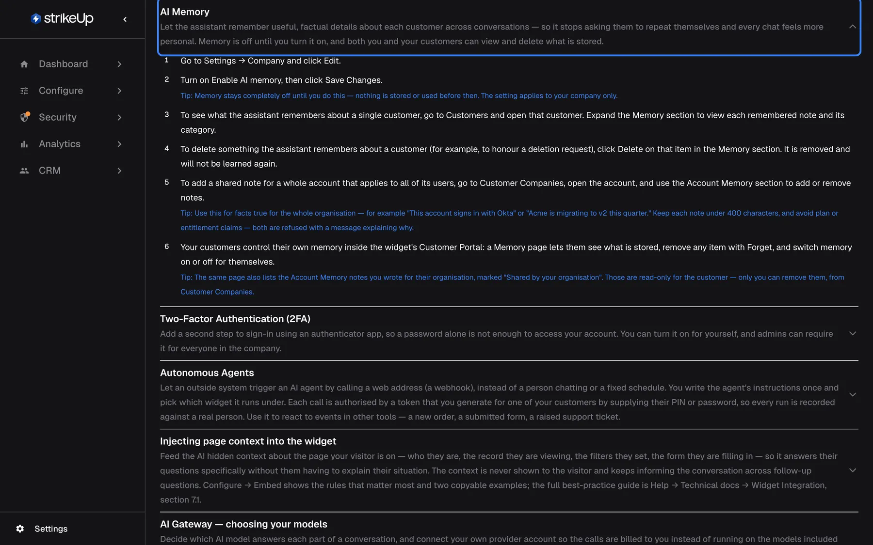 The Guide tab of Help & FAQ with the topic "AI Memory" opened and its header highlighted. The header says the assistant remembers useful, factual details about each customer across conversations and that memory is off until you turn it on. Below it, numbered steps explain where to switch memory on and how to review and delete memories, followed by a "Tip:" line. The next topics, such as "Two-Factor Authentication (2FA)", stay closed.
