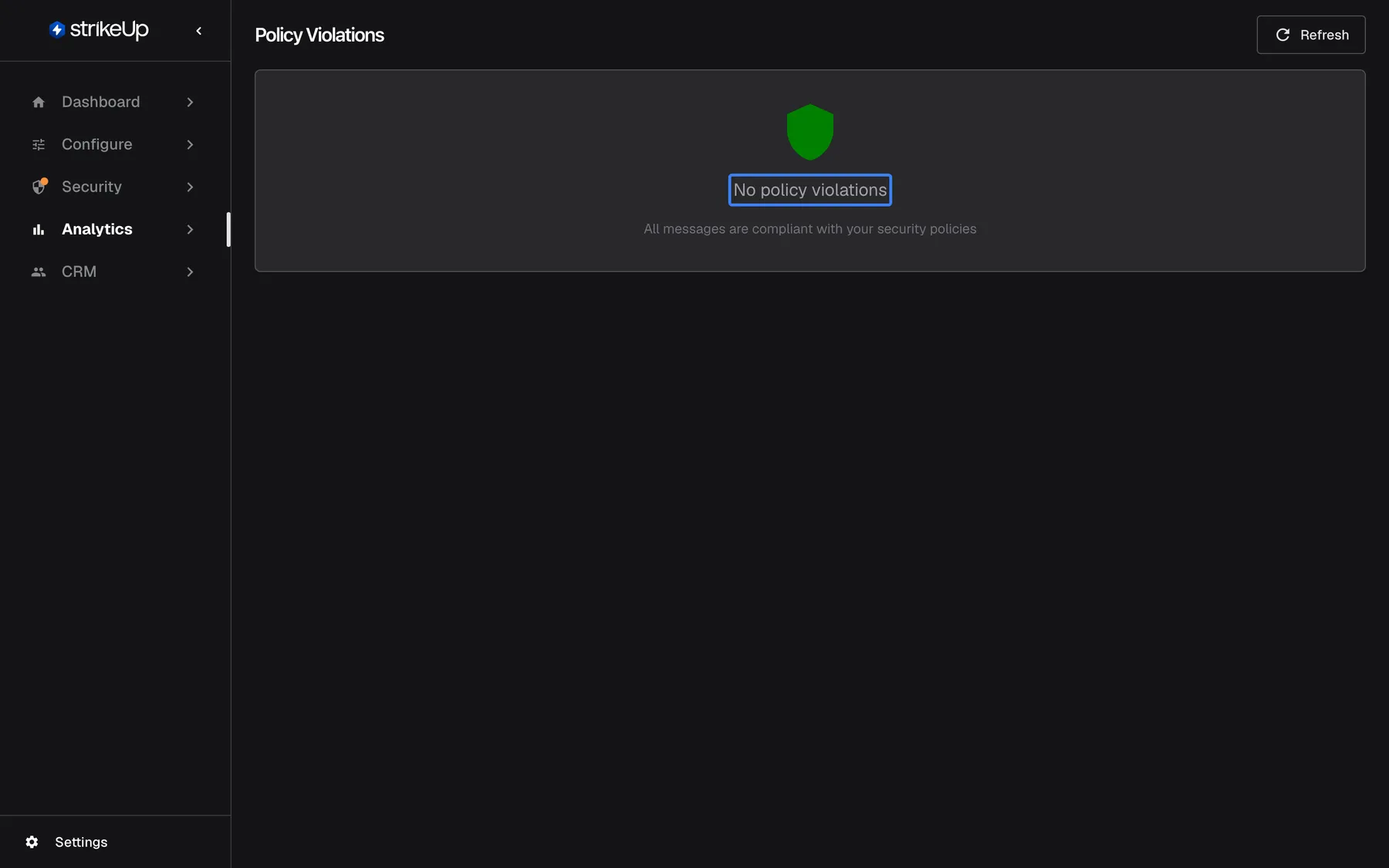 The Policy Violations page with nothing recorded yet. Instead of a table, the card shows the highlighted message "No policy violations" and below it "All messages are compliant with your security policies". This is what you see before guardrails have blocked any customer message; test messages sent from the Security Guardrails page never appear here.