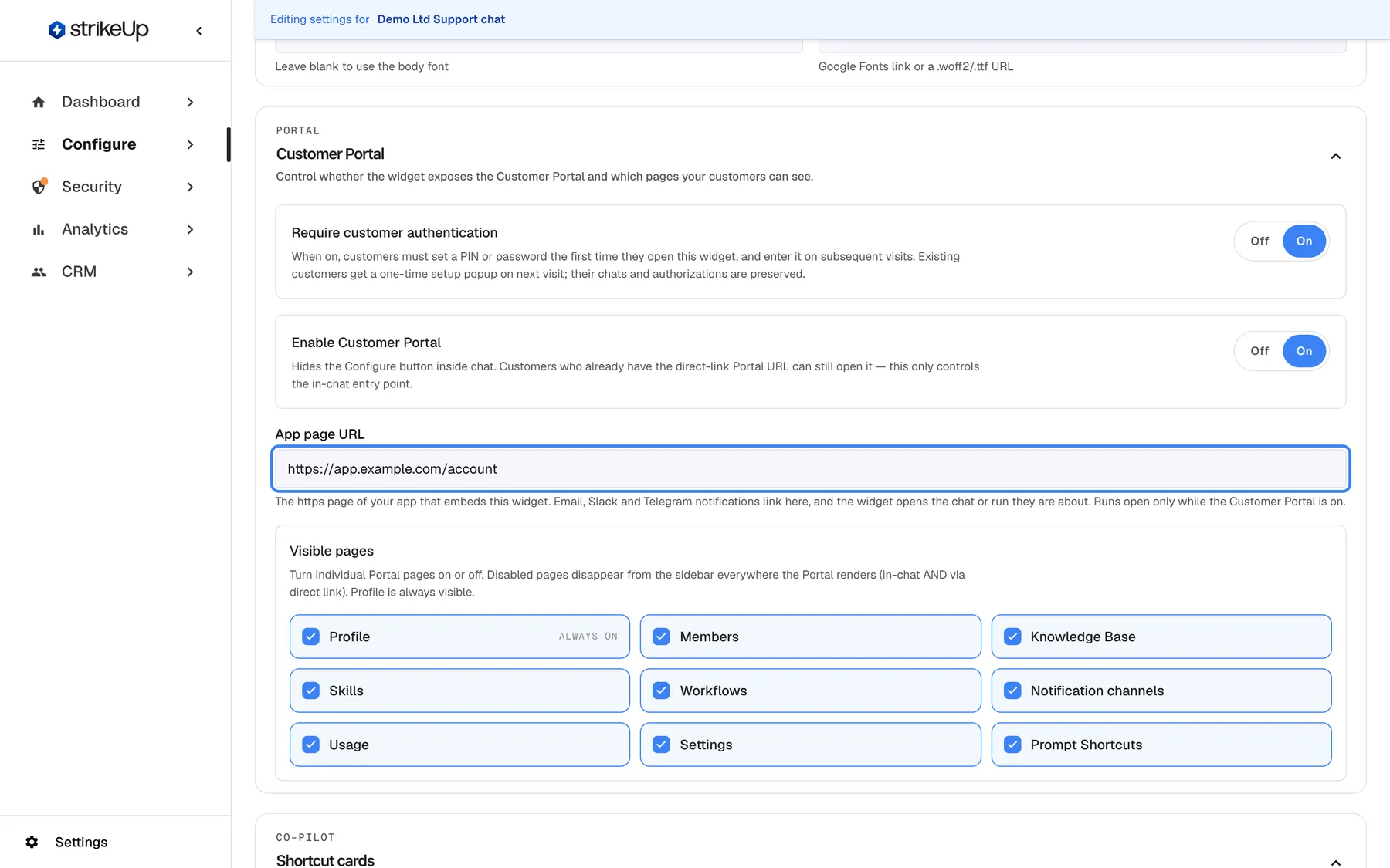 The Customer Portal section of the User Interface page for the Support chat widget. Below "Enable Customer Portal" the highlighted field "App page URL" reads "https://app.example.com/account", with the help "The https page of your app that embeds this widget. Email, Slack and Telegram notifications link here, and the widget opens the chat or run they are about. Runs open only while the Customer Portal is on." The "Visible pages" chips follow below, among them "Notification channels".