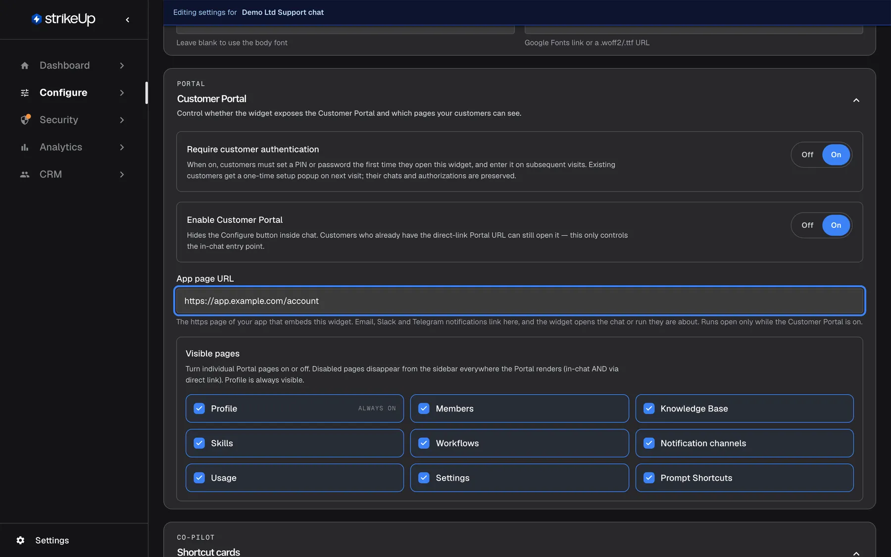 The Customer Portal section of the User Interface page for the Support chat widget. Below "Enable Customer Portal" the highlighted field "App page URL" reads "https://app.example.com/account", with the help "The https page of your app that embeds this widget. Email, Slack and Telegram notifications link here, and the widget opens the chat or run they are about. Runs open only while the Customer Portal is on." The "Visible pages" chips follow below, among them "Notification channels".