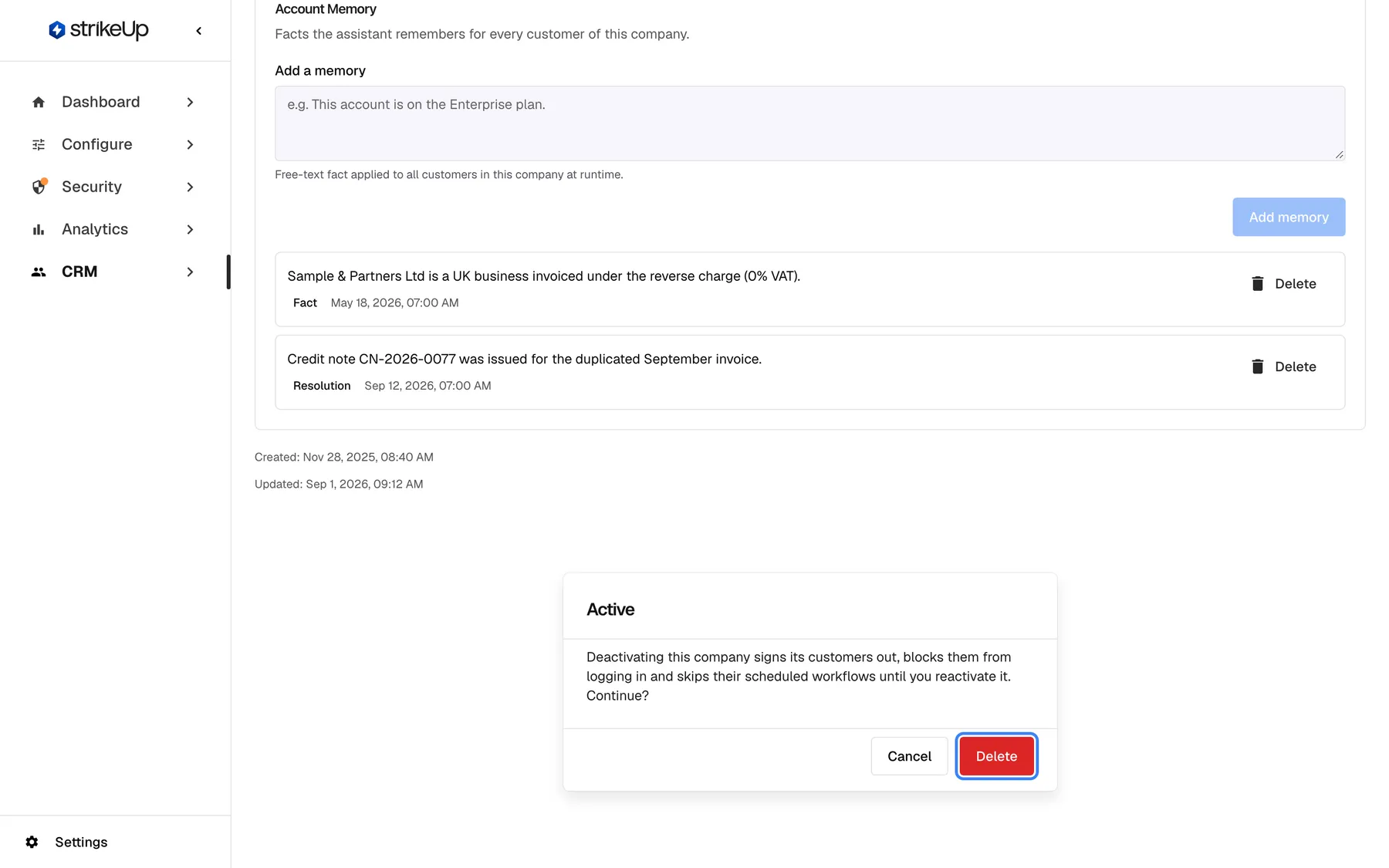 The confirmation that appears after switching off "Active" on the Overview tab of "Sample & Partners Ltd". Titled "Active", it explains that deactivating the company blocks its customers from logging in. It offers "Cancel" and a red button labelled "Delete", which is highlighted; despite its label it only deactivates the company and deletes nothing. The dialog does not open over the page: it appears at the bottom of the tab, below the Account Memory card.