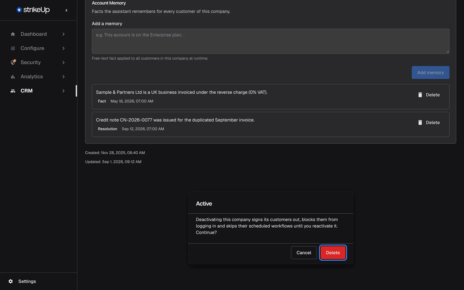 The confirmation that appears after switching off "Active" on the Overview tab of "Sample & Partners Ltd". Titled "Active", it explains that deactivating the company blocks its customers from logging in. It offers "Cancel" and a red button labelled "Delete", which is highlighted; despite its label it only deactivates the company and deletes nothing. The dialog does not open over the page: it appears at the bottom of the tab, below the Account Memory card.