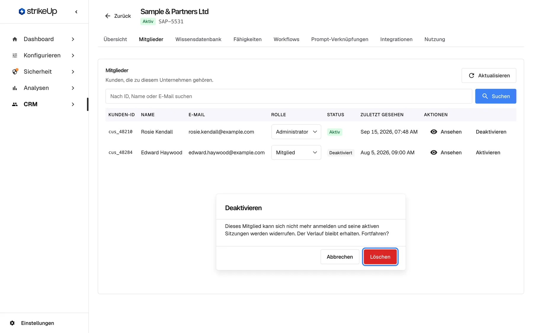 Die Registerkarte „Mitglieder“ von „Sample & Partners Ltd“, nachdem in der Zeile von Rosie Kendall „Deaktivieren“ gewählt wurde. Unter der Tabelle erscheint ein Dialog mit dem Titel „Deaktivieren“: Das Mitglied kann sich nicht mehr anmelden, seine aktiven Sitzungen werden widerrufen und sein Verlauf bleibt erhalten. Er bietet „Abbrechen“ und eine rote Bestätigung mit der Beschriftung „Löschen“, die hervorgehoben ist; sie deaktiviert das Mitglied und löscht nichts.