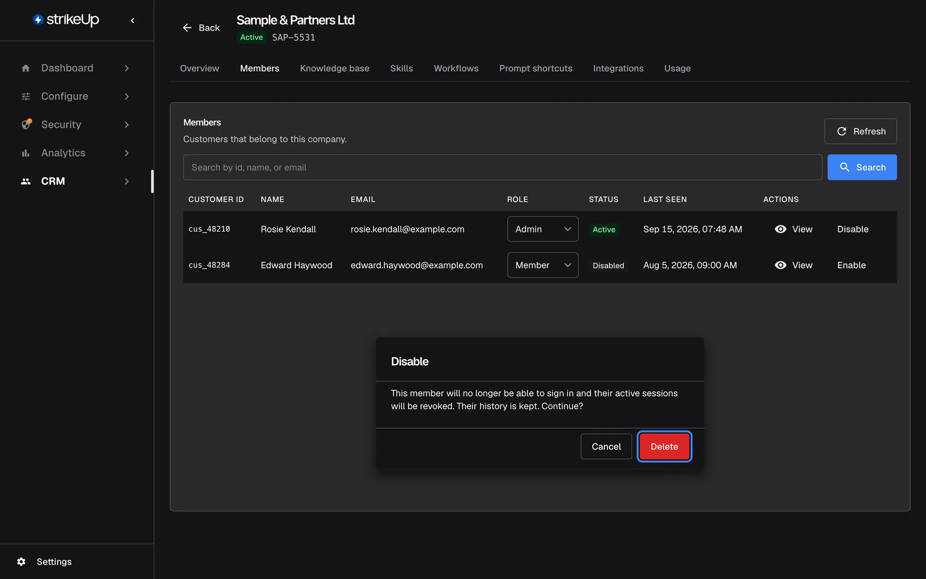The Members tab of "Sample & Partners Ltd" after choosing "Disable" in Rosie Kendall's row. Below the table a dialog titled "Disable" says the member will no longer be able to sign in, their active sessions will be revoked and their history is kept, and asks "Continue?". It offers "Cancel" and a red confirm button labelled "Delete", which is highlighted; it disables the member and deletes nothing.