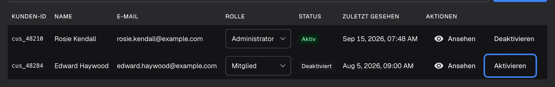Die Mitgliedertabelle von „Sample & Partners Ltd“, auf zwei Zeilen zugeschnitten. Edward Haywood (cus_48284, Mitglied) zeigt den grauen Status „Deaktiviert“ und die letzte Änderung am Aug 5, 2026; die Aktion „Aktivieren“ am Ende seiner Zeile ist hervorgehoben. Das Aktivieren wirkt ohne Rückfrage und erlaubt ihm, sich mit seinen bisherigen Anmeldedaten wieder anzumelden. Darüber zeigt Rosie Kendall „Aktiv“ und die Aktion „Deaktivieren“.