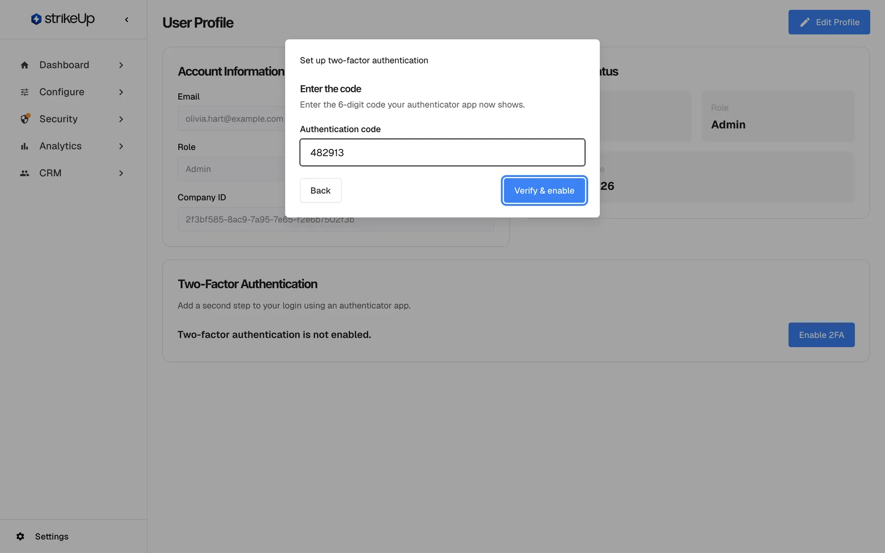 The second step of the dialog "Set up two-factor authentication", titled "Enter the code", with the instruction "Enter the 6-digit code your authenticator app now shows.". The "Authentication code" field contains "482913". At the bottom, "Back" returns to the QR code, and the highlighted blue "Verify & enable" button at the right checks the code and turns two-factor authentication on; from then on every sign-in asks for a code. The profile page stays dimmed behind the dialog.