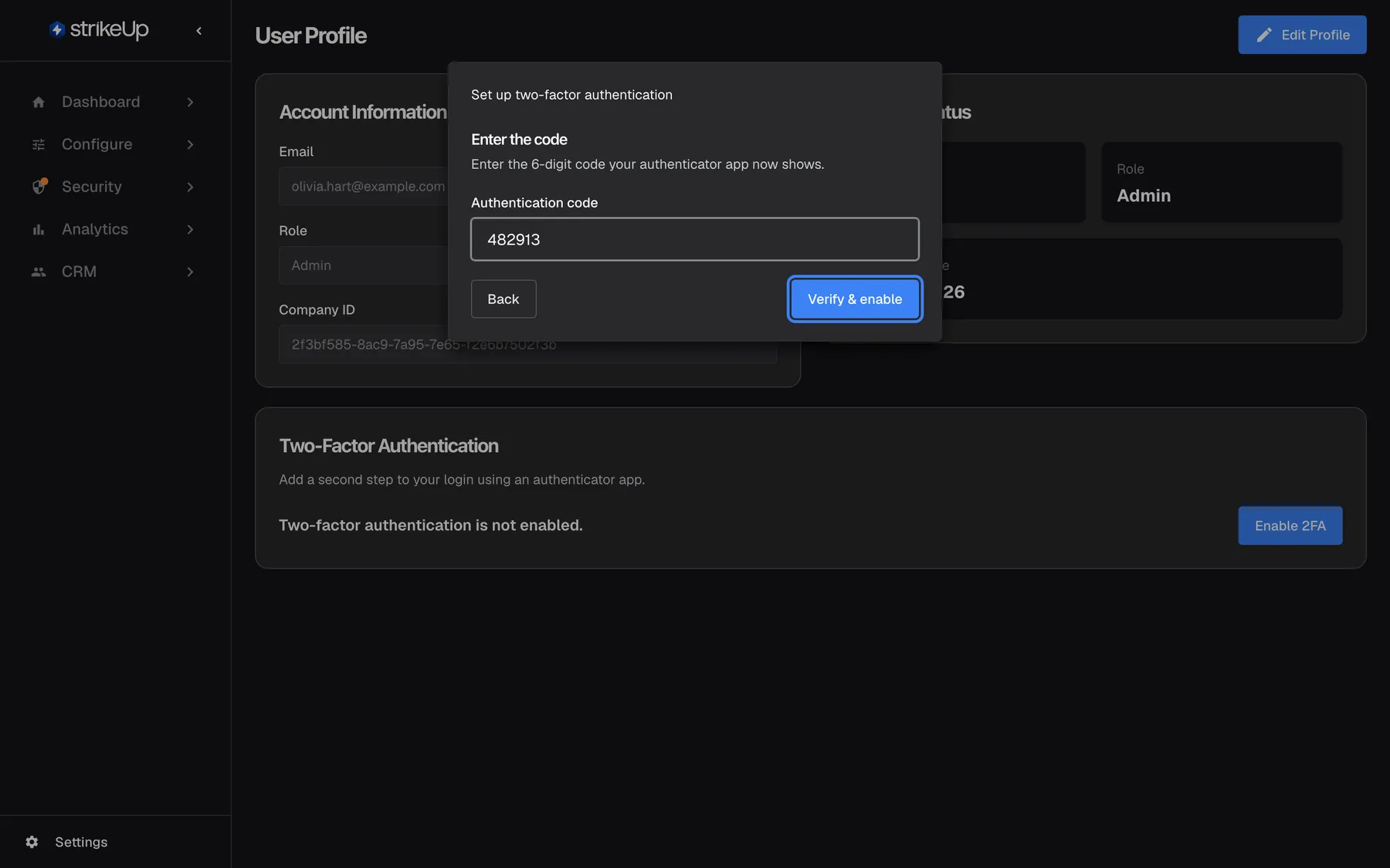 The second step of the dialog "Set up two-factor authentication", titled "Enter the code", with the instruction "Enter the 6-digit code your authenticator app now shows.". The "Authentication code" field contains "482913". At the bottom, "Back" returns to the QR code, and the highlighted blue "Verify & enable" button at the right checks the code and turns two-factor authentication on; from then on every sign-in asks for a code. The profile page stays dimmed behind the dialog.
