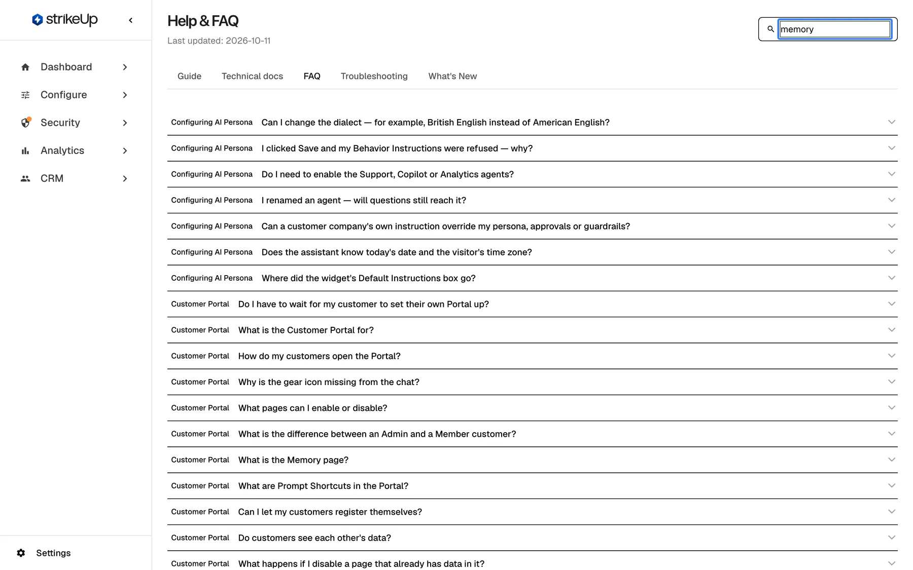 The FAQ tab of Help & FAQ with the word "memory" typed into the highlighted search box at the top right. Every question is labelled with its topic on the left. The list now shows the questions of each topic that mentions the word, for example "Configuring AI Persona" (such as "Can I change the dialect?") and "Customer Portal" (such as "What is the Memory page?" and "What is the difference between an Admin and a Member customer?").