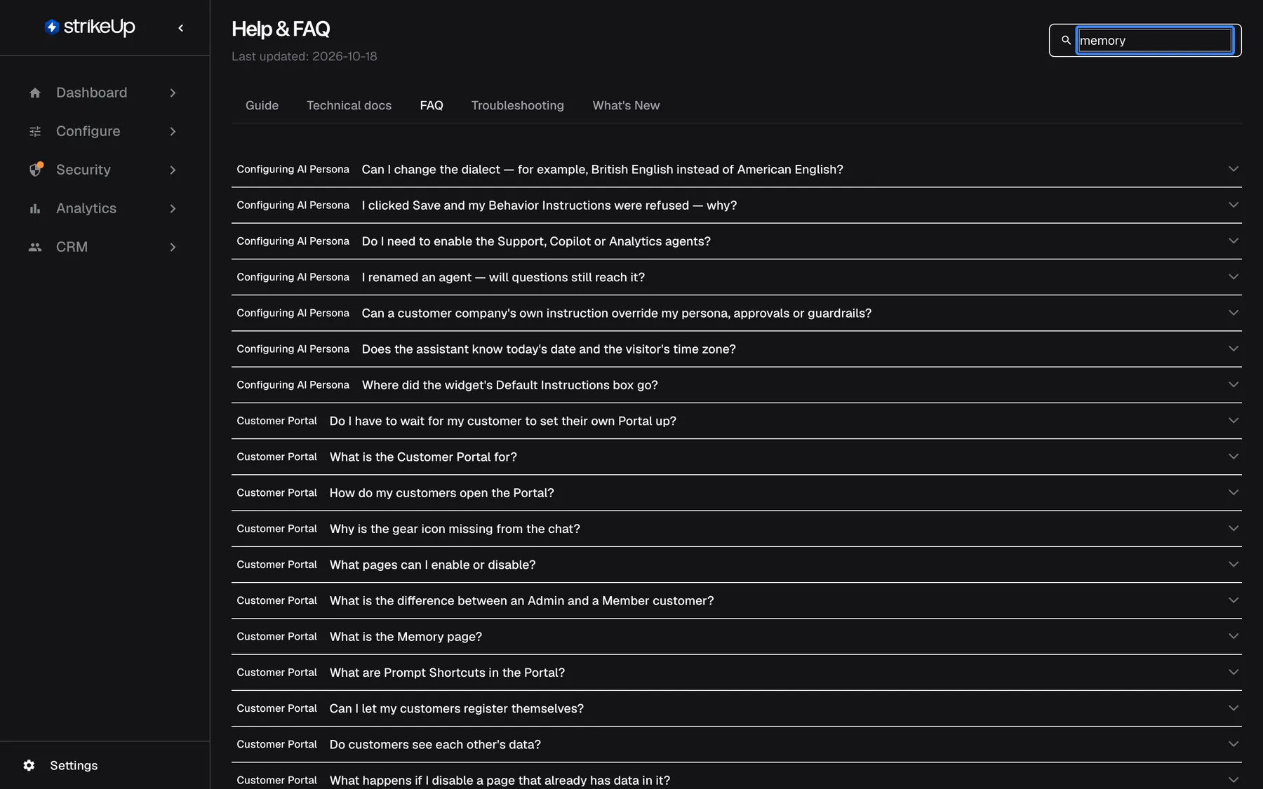 The FAQ tab of Help & FAQ with the word "memory" typed into the highlighted search box at the top right. Every question is labelled with its topic on the left. The list now shows the questions of each topic that mentions the word, for example "Configuring AI Persona" (such as "Can I change the dialect?") and "Customer Portal" (such as "What is the Memory page?" and "What is the difference between an Admin and a Member customer?").