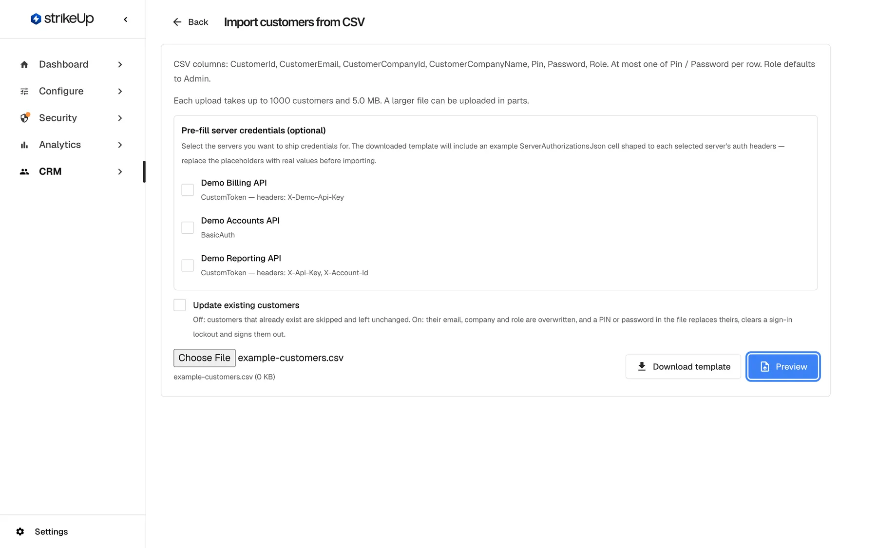 The Import customers from CSV page after choosing a file. Next to "Choose File" the name example-customers.csv appears, repeated below with its size "(0 KB)". The "Download template" button sits to the right, and the "Preview" button is now enabled and highlighted. Preview checks every row of the file without saving anything. The pre-fill box with the three toolkits stays above, all unticked.
