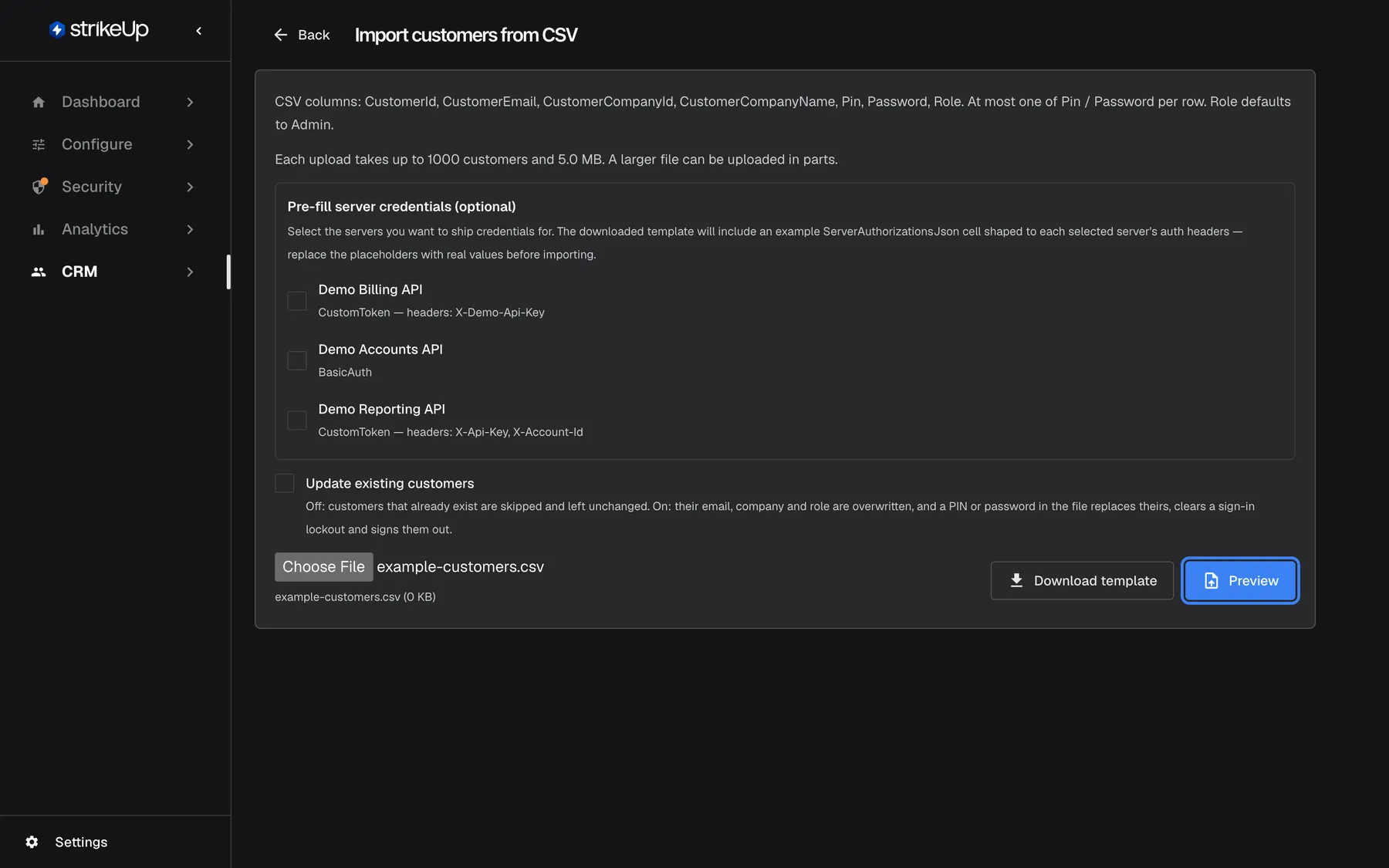 The Import customers from CSV page after choosing a file. Next to "Choose File" the name example-customers.csv appears, repeated below with its size "(0 KB)". The "Download template" button sits to the right, and the "Preview" button is now enabled and highlighted. Preview checks every row of the file without saving anything. The pre-fill box with the three toolkits stays above, all unticked.