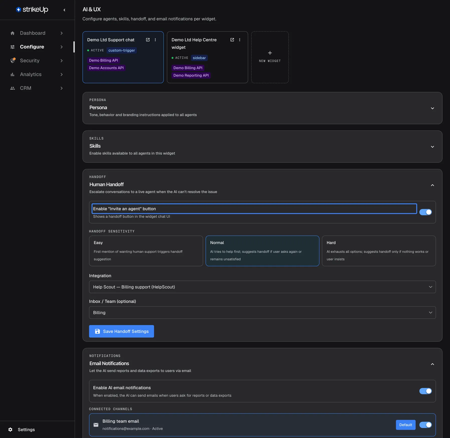 The AI & UX page for the widget "Demo Ltd Support chat" with the "Human Handoff" section open: "Escalate conversations to a live agent when the AI can't resolve the issue". The highlighted setting 'Enable "Invite an agent" button' ("Shows a handoff button in the widget chat UI") is switched on. Below are the Handoff sensitivity cards Easy, Normal (selected) and Hard, the Integration "Help Scout — Billing support (HelpScout)", Inbox / Team "Billing" and the "Save Handoff Settings" button.