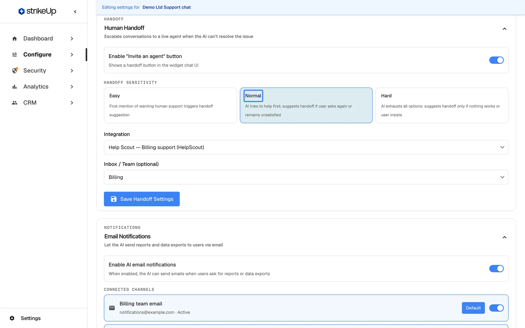 The Human Handoff section of the AI & UX page ("Escalate conversations to a live agent when the AI can't resolve the issue"). The switch 'Enable "Invite an agent" button' is on. Under Handoff sensitivity three options are shown: "Easy" (first mention of wanting human support triggers a handoff suggestion), the selected and highlighted "Normal" (AI tries to help first; suggests handoff if the user asks again or remains unsatisfied) and "Hard" (AI exhausts all options first). Integration is "Help Scout — Billing support (HelpScout)", Inbox / Team is "Billing", followed by "Save Handoff Settings".
