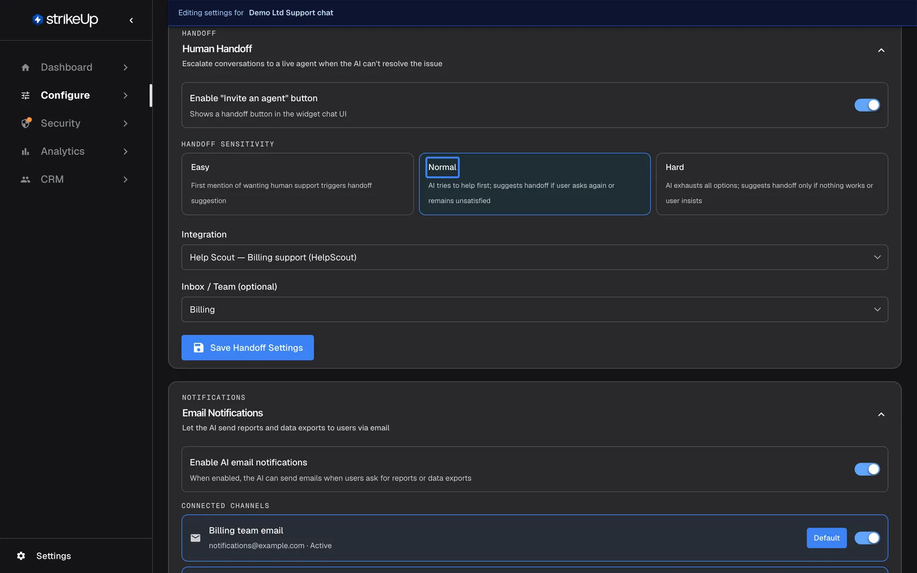 The Human Handoff section of the AI & UX page ("Escalate conversations to a live agent when the AI can't resolve the issue"). The switch 'Enable "Invite an agent" button' is on. Under Handoff sensitivity three options are shown: "Easy" (first mention of wanting human support triggers a handoff suggestion), the selected and highlighted "Normal" (AI tries to help first; suggests handoff if the user asks again or remains unsatisfied) and "Hard" (AI exhausts all options first). Integration is "Help Scout — Billing support (HelpScout)", Inbox / Team is "Billing", followed by "Save Handoff Settings".