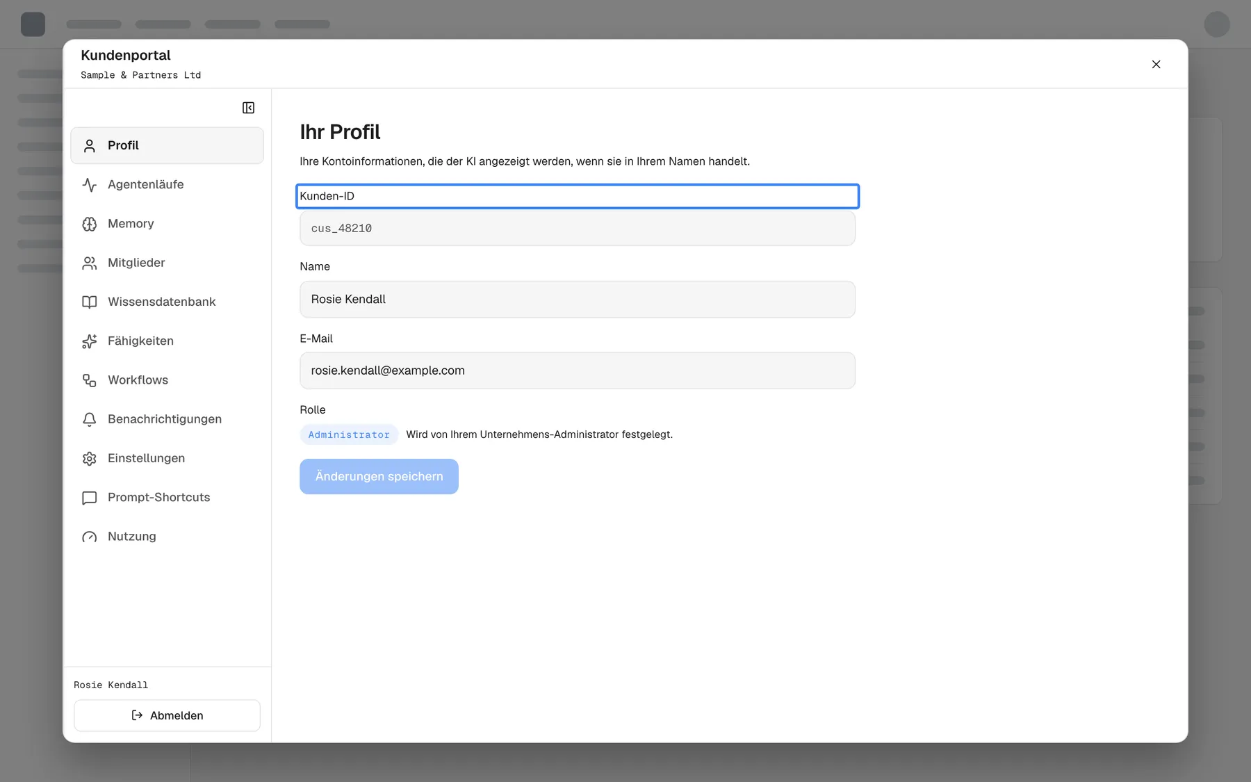 Das Kundenportal, über die Zahnrad-Schaltfläche des Widgets über der Seite geöffnet, auf der Seite Profil des Kundenunternehmens "Sample & Partners Ltd". Unter "Ihr Profil" steht die hervorgehobene Beschriftung "Kunden-ID" über dem schreibgeschützten Wert "cus_48210", der beim Start übergebenen userId. Name "Rosie Kendall" und E-Mail "rosie.kendall@example.com" sind bearbeitbar, Rolle zeigt "Administrator" ("Wird von Ihrem Unternehmens-Administrator festgelegt."), und "Änderungen speichern" ist bis zu einer Änderung deaktiviert. Die Seitenleiste listet die Portalseiten und "Abmelden".