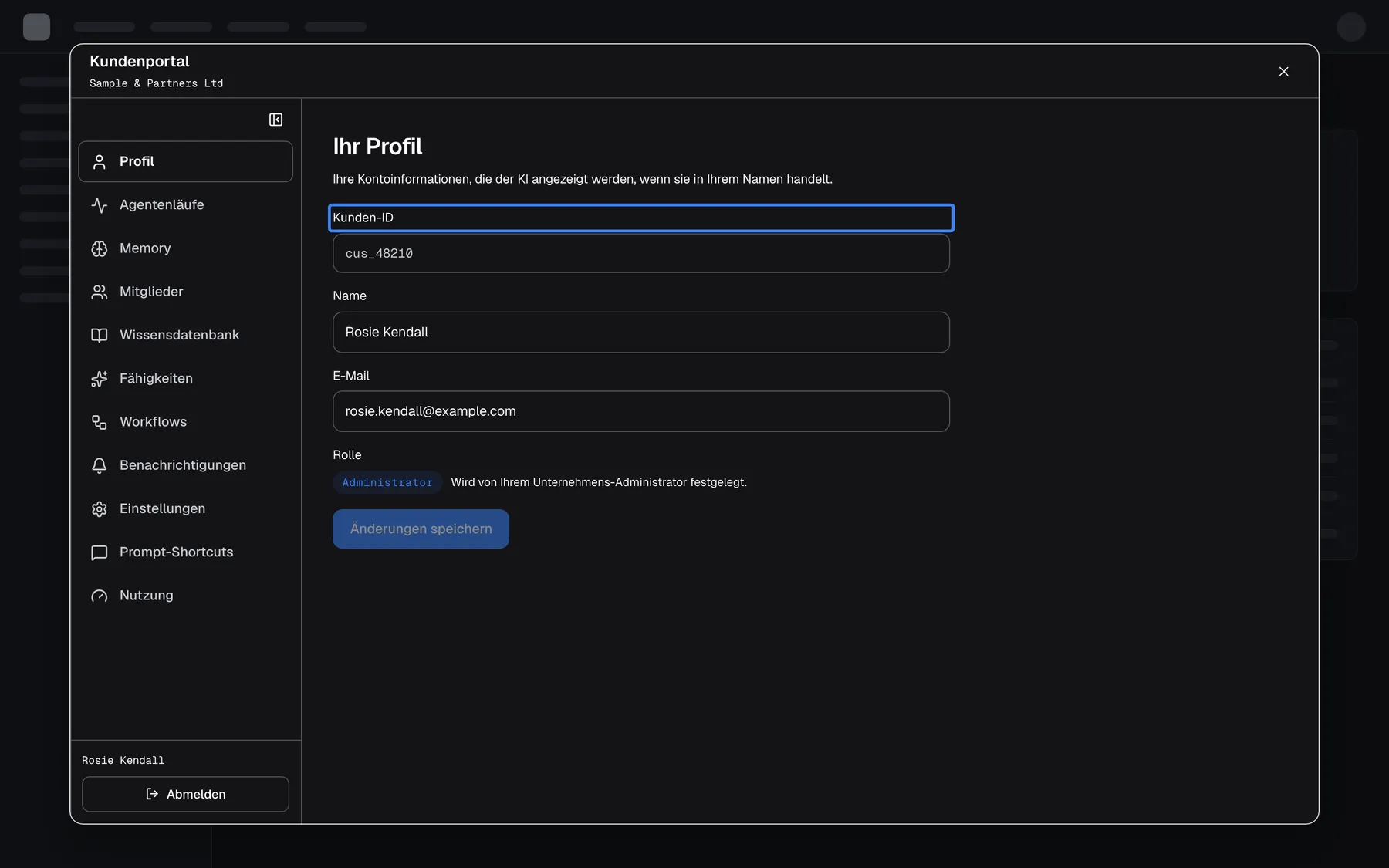 Das Kundenportal, über die Zahnrad-Schaltfläche des Widgets über der Seite geöffnet, auf der Seite Profil des Kundenunternehmens "Sample & Partners Ltd". Unter "Ihr Profil" steht die hervorgehobene Beschriftung "Kunden-ID" über dem schreibgeschützten Wert "cus_48210", der beim Start übergebenen userId. Name "Rosie Kendall" und E-Mail "rosie.kendall@example.com" sind bearbeitbar, Rolle zeigt "Administrator" ("Wird von Ihrem Unternehmens-Administrator festgelegt."), und "Änderungen speichern" ist bis zu einer Änderung deaktiviert. Die Seitenleiste listet die Portalseiten und "Abmelden".