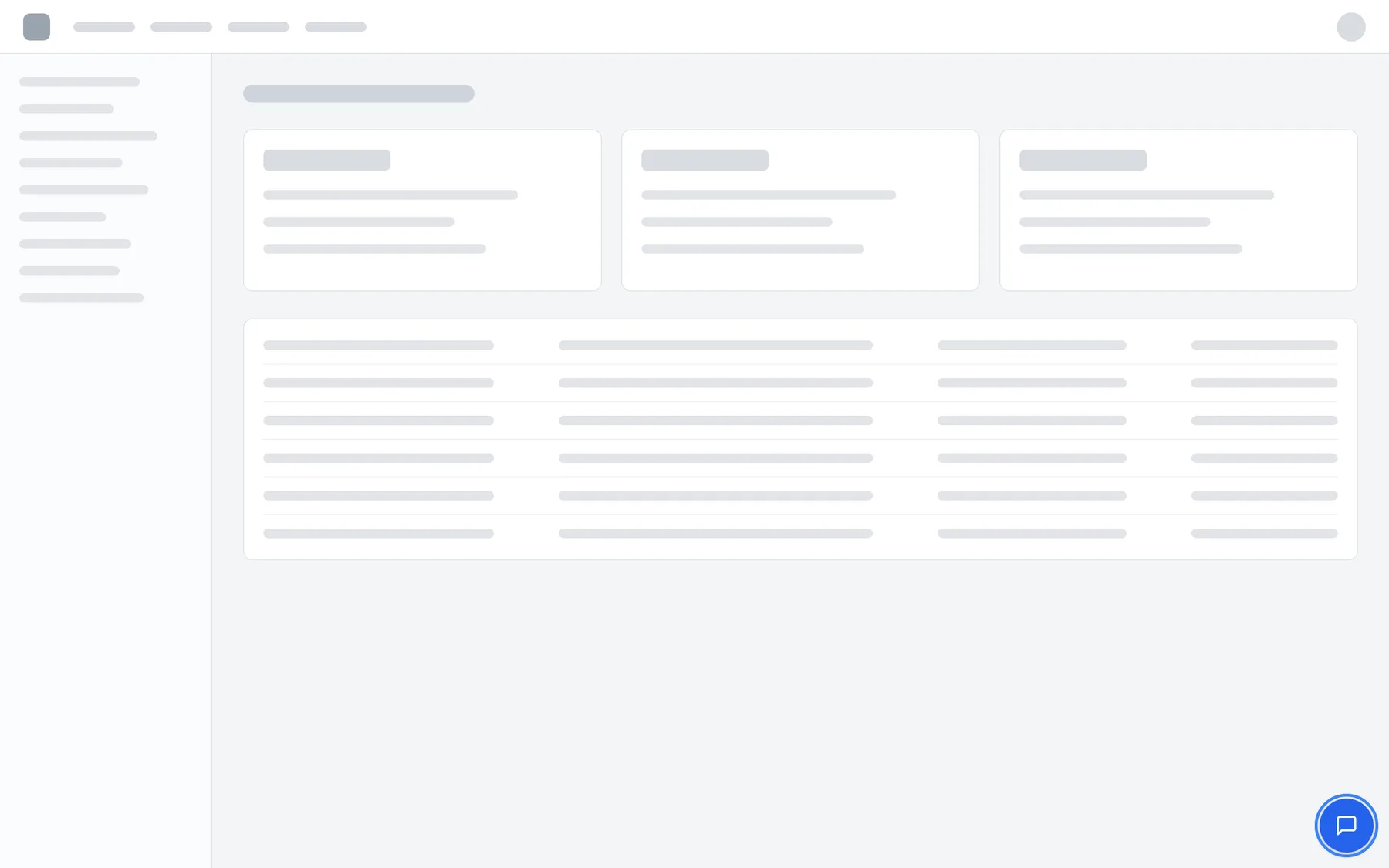 A neutral example web app (grey placeholder header with an avatar, side menu, three cards and a table) after the embed code has run. In the bottom-right corner the widget's round blue launcher button with a white chat-bubble icon is highlighted; it has no text label. Nothing else of the widget is visible yet: selecting the launcher opens the chat window in that corner. If the launcher does not appear, the token, the data-api-url or the widget's URL rules are the first things to check.