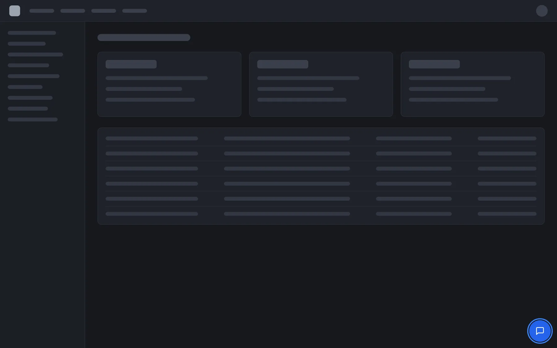 A neutral example web app (grey placeholder header with an avatar, side menu, three cards and a table) after the embed code has run. In the bottom-right corner the widget's round blue launcher button with a white chat-bubble icon is highlighted; it has no text label. Nothing else of the widget is visible yet: selecting the launcher opens the chat window in that corner. If the launcher does not appear, the token, the data-api-url or the widget's URL rules are the first things to check.