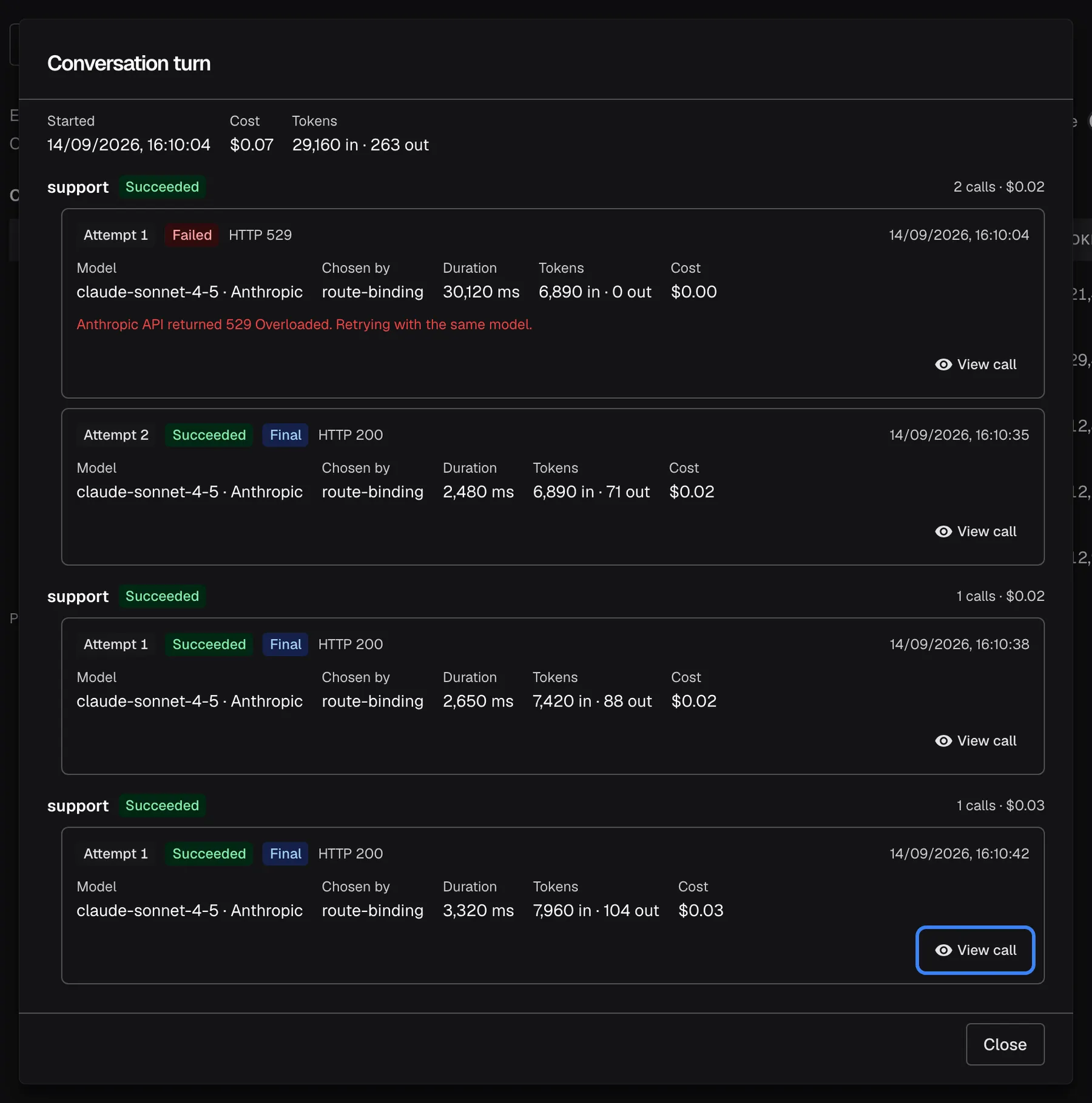 Step 3: the "Conversation turn" dialog for 14 September, 16:10:04, cost $0.07. It lists three support calls in order. The first had a failed attempt with HTTP 529 and a successful retry; the second succeeded at once; the third and last call, at 16:10:42 with claude-sonnet-4-5, wrote the answer the customer rated. The highlighted "View call" button of that last call opens its AI action page.