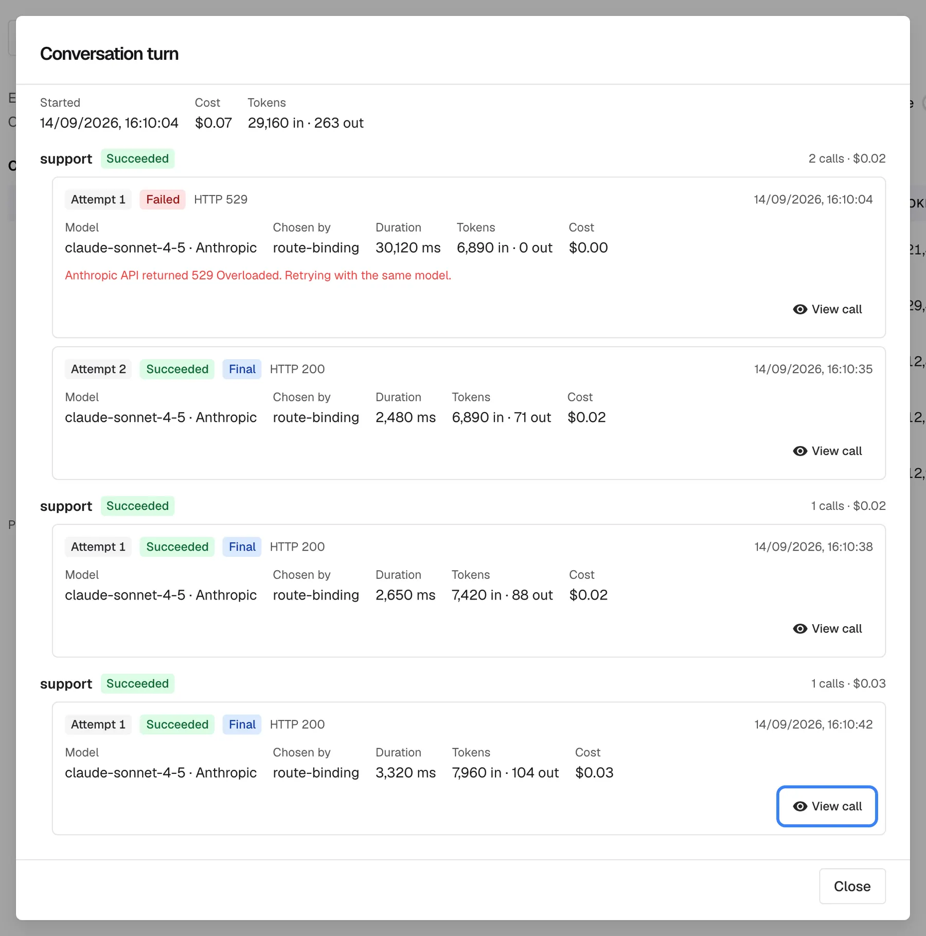 Step 3: the "Conversation turn" dialog for 14 September, 16:10:04, cost $0.07. It lists three support calls in order. The first had a failed attempt with HTTP 529 and a successful retry; the second succeeded at once; the third and last call, at 16:10:42 with claude-sonnet-4-5, wrote the answer the customer rated. The highlighted "View call" button of that last call opens its AI action page.