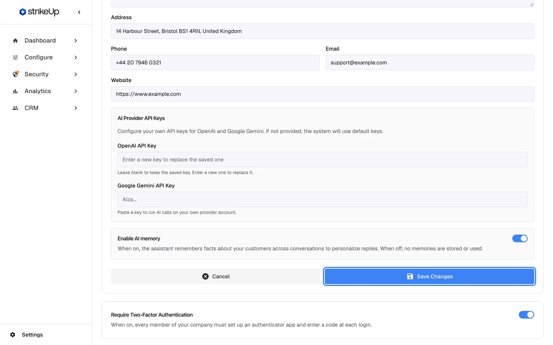 The bottom of the Company Details page in edit mode. The AI Provider API Keys box and the "Enable AI memory" switch (on) are editable. Below the card, "Cancel" and the highlighted "Save Changes" button store every field of the page at once. Further down, the separate "Require Two-Factor Authentication" card has its own switch, which saves immediately.