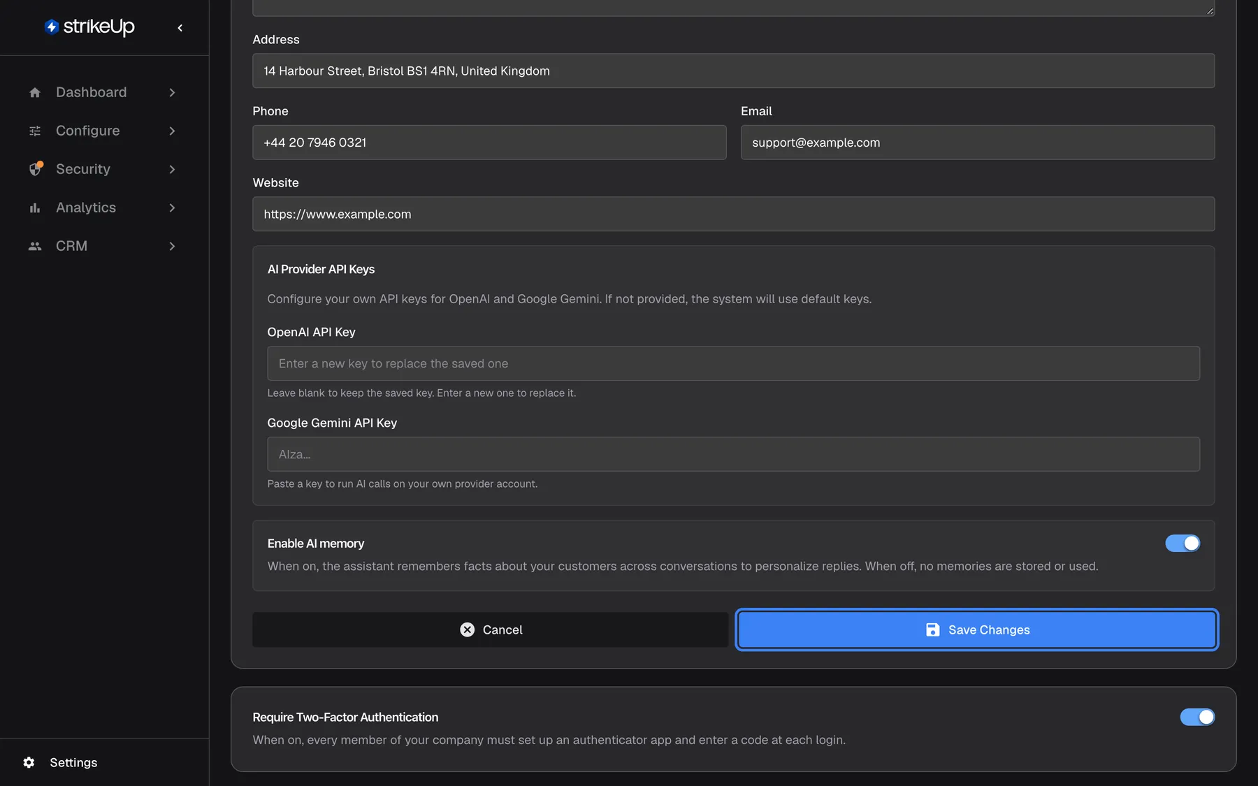 The bottom of the Company Details page in edit mode. The AI Provider API Keys box and the "Enable AI memory" switch (on) are editable. Below the card, "Cancel" and the highlighted "Save Changes" button store every field of the page at once. Further down, the separate "Require Two-Factor Authentication" card has its own switch, which saves immediately.
