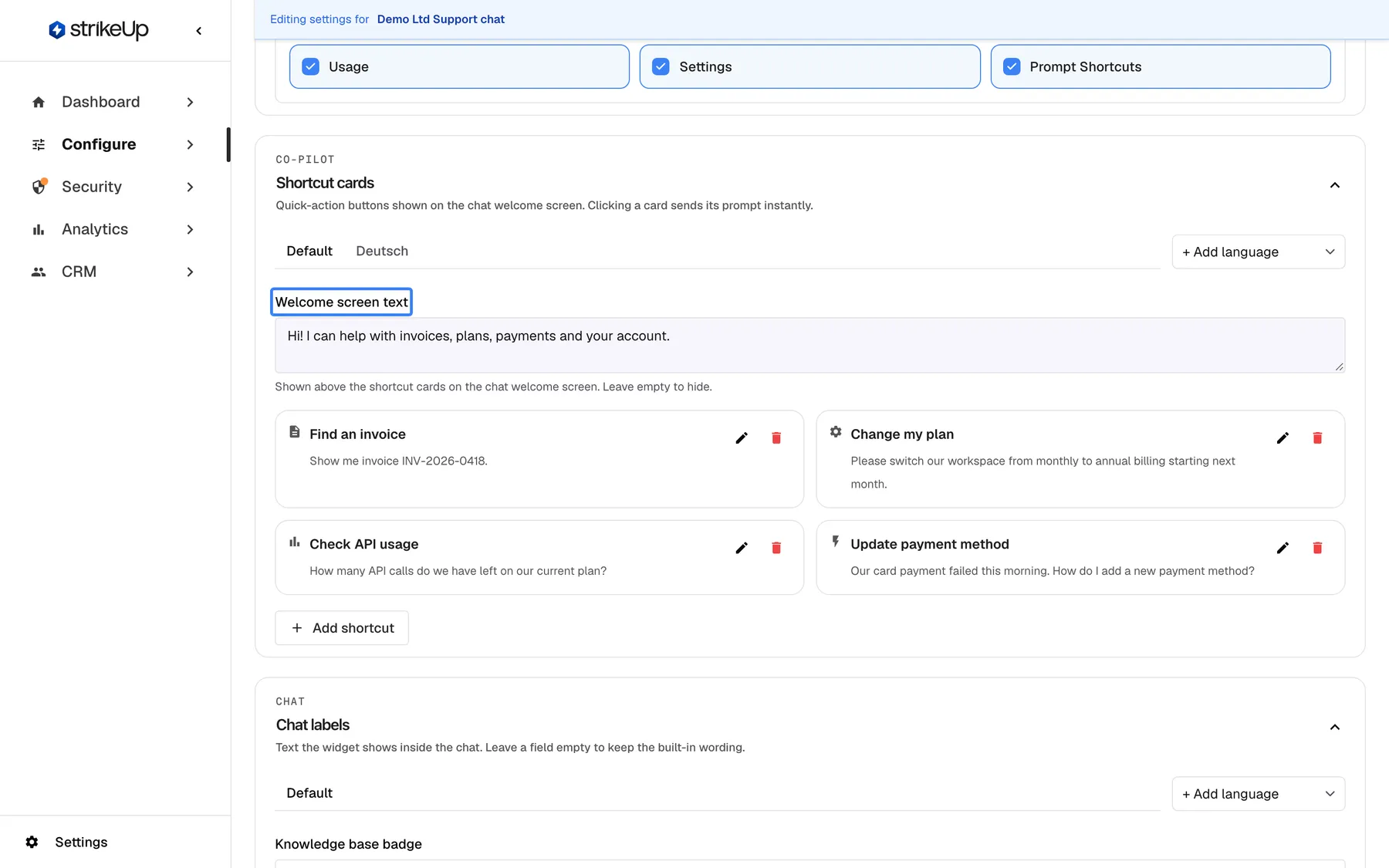 The Shortcut cards section of the User Interface page ("Quick-action buttons shown on the chat welcome screen. Clicking a card sends its prompt instantly."), on the "Default" language tab, next to a "German" tab for the German translation, with "+ Add language" at the right. The highlighted field "Welcome screen text" contains "Hi! I can help with invoices, plans, payments and your account." with the hint "Shown above the shortcut cards on the chat welcome screen. Leave empty to hide." Four cards follow, each with edit and delete icons: "Find an invoice", "Change my plan", "Check API usage" and "Update payment method", then the "Add shortcut" button.