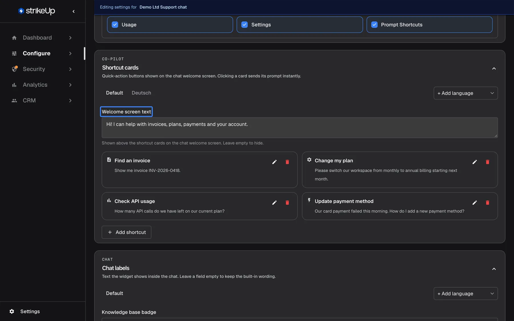 The Shortcut cards section of the User Interface page ("Quick-action buttons shown on the chat welcome screen. Clicking a card sends its prompt instantly."), on the "Default" language tab, next to a "German" tab for the German translation, with "+ Add language" at the right. The highlighted field "Welcome screen text" contains "Hi! I can help with invoices, plans, payments and your account." with the hint "Shown above the shortcut cards on the chat welcome screen. Leave empty to hide." Four cards follow, each with edit and delete icons: "Find an invoice", "Change my plan", "Check API usage" and "Update payment method", then the "Add shortcut" button.