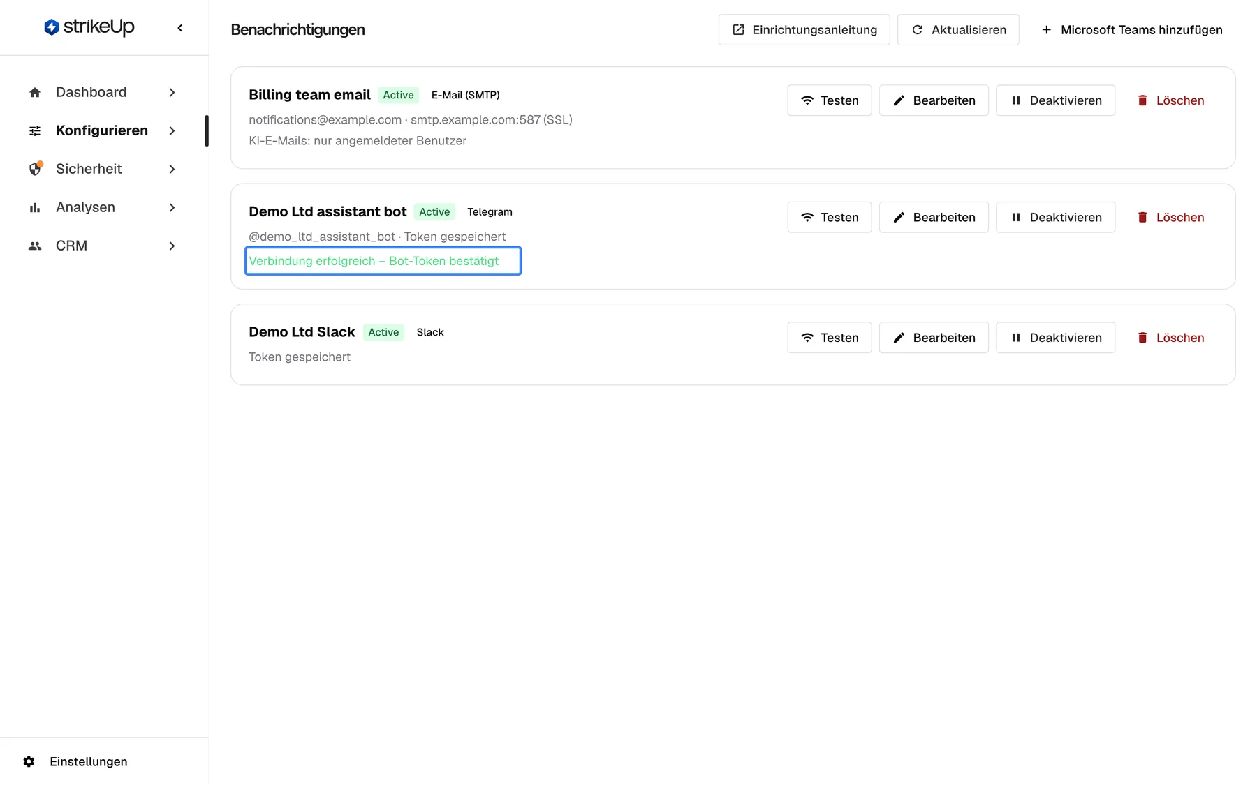 Die Seite Benachrichtigungen nach "Testen" beim Telegram-Kanal "Demo Ltd assistant bot" (@demo_ltd_assistant_bot · Token gespeichert). In dieser Karte steht das hervorgehobene grüne Ergebnis "Verbindung erfolgreich – Bot-Token bestätigt": Der Test prüft das Token bei Telegram und sendet keine Nachricht. Der E-Mail-Kanal darüber und der Slack-Kanal darunter sind unverändert, jeweils mit "Testen", "Bearbeiten", "Deaktivieren" und "Löschen".