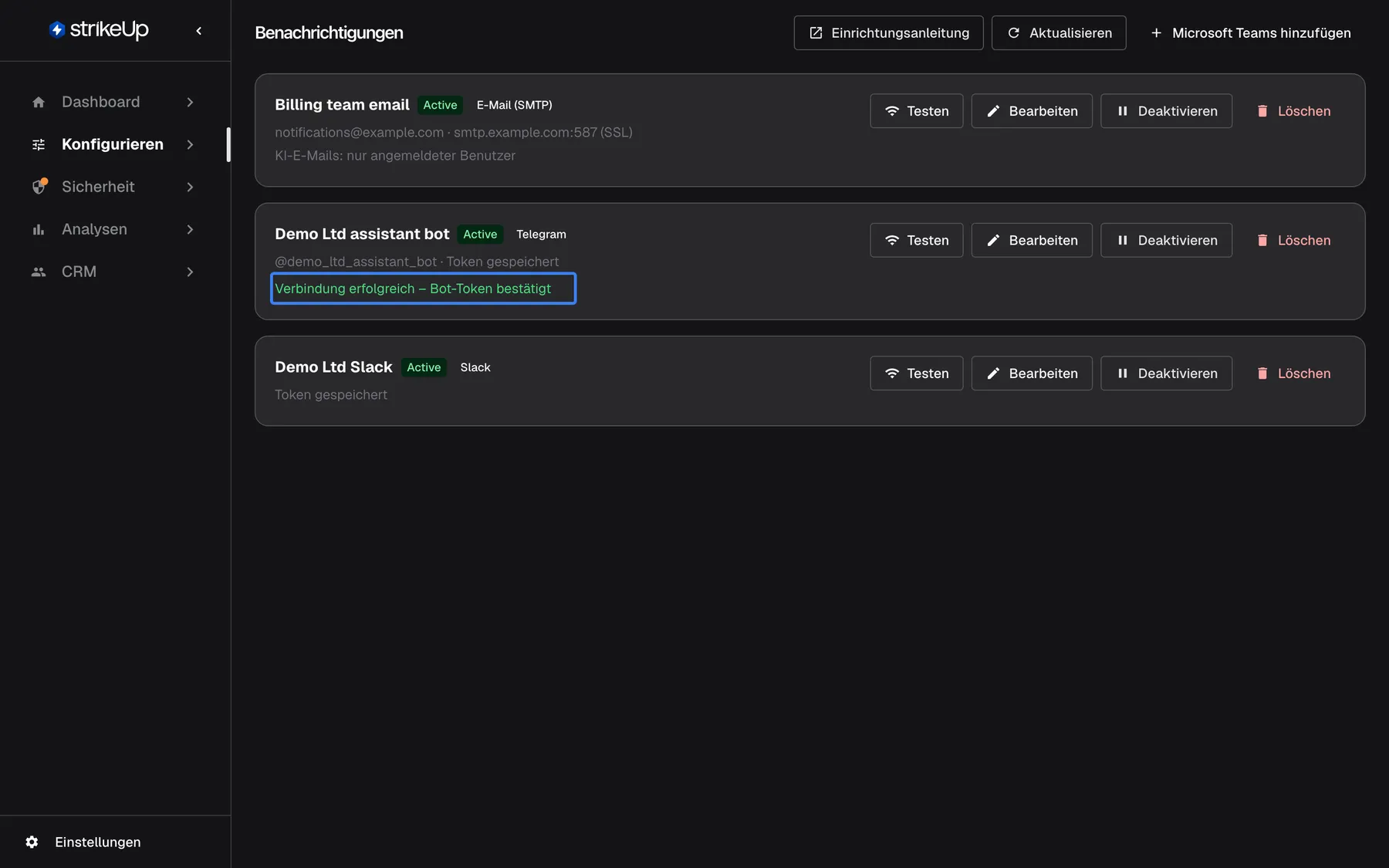 Die Seite Benachrichtigungen nach "Testen" beim Telegram-Kanal "Demo Ltd assistant bot" (@demo_ltd_assistant_bot · Token gespeichert). In dieser Karte steht das hervorgehobene grüne Ergebnis "Verbindung erfolgreich – Bot-Token bestätigt": Der Test prüft das Token bei Telegram und sendet keine Nachricht. Der E-Mail-Kanal darüber und der Slack-Kanal darunter sind unverändert, jeweils mit "Testen", "Bearbeiten", "Deaktivieren" und "Löschen".
