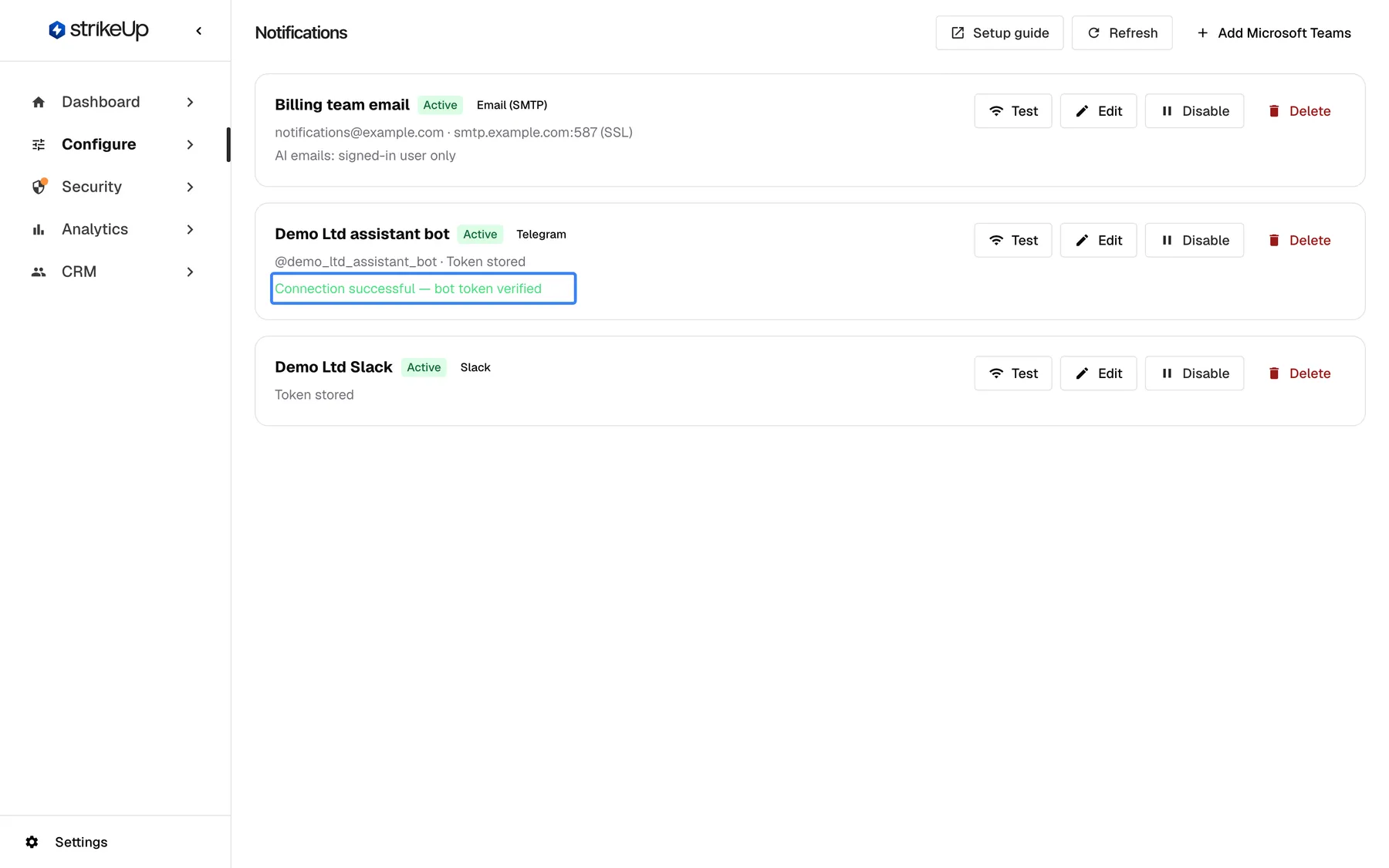 The Notifications page after selecting "Test" on the Telegram channel "Demo Ltd assistant bot" (@demo_ltd_assistant_bot · Token stored). Inside that card the highlighted green result reads "Connection successful — bot token verified": the test checks the token with Telegram and sends no message. The email channel above and the Slack channel below are unchanged, each with "Test", "Edit", "Disable" and "Delete".