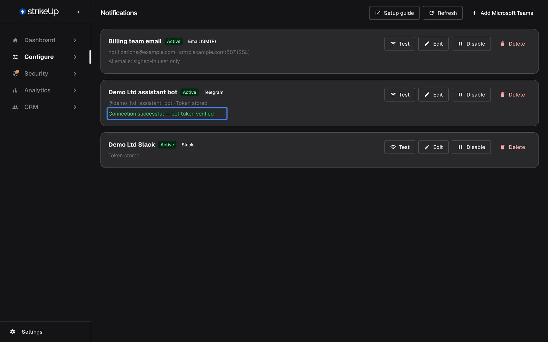 The Notifications page after selecting "Test" on the Telegram channel "Demo Ltd assistant bot" (@demo_ltd_assistant_bot · Token stored). Inside that card the highlighted green result reads "Connection successful — bot token verified": the test checks the token with Telegram and sends no message. The email channel above and the Slack channel below are unchanged, each with "Test", "Edit", "Disable" and "Delete".