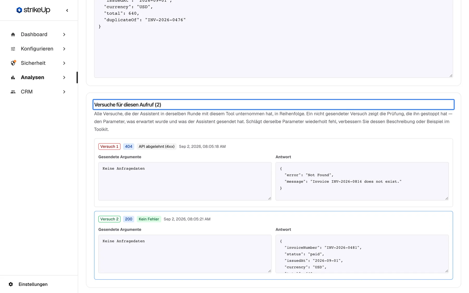 Der hervorgehobene Abschnitt „Versuche für diesen Aufruf (2)“ unten auf der Seite des Tool-Laufs mit dem Hinweis, dass er jeden Versuch des Assistenten mit diesem Tool in derselben Runde der Reihe nach zeigt. Die erste Karte ist Versuch 1, HTTP 404, „API abgelehnt (4xx)“: Die „Antwort“ meldet auf Englisch, dass Rechnung INV-2026-0814 nicht existiert. Die zweite, als aktuelle Ansicht umrandete Karte ist Versuch 2, HTTP 200, mit der korrigierten Rechnung INV-2026-0481. Ein Klick auf eine Karte öffnet diesen Versuch.