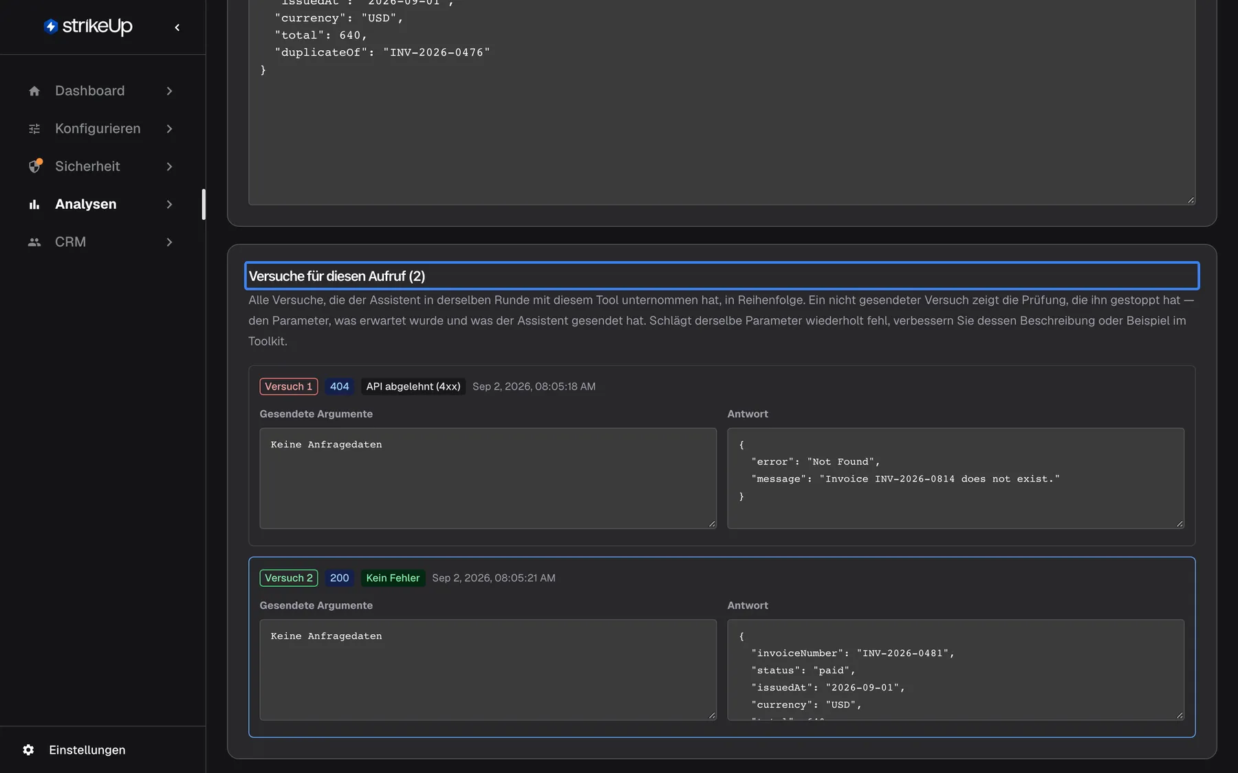 Der hervorgehobene Abschnitt „Versuche für diesen Aufruf (2)“ unten auf der Seite des Tool-Laufs mit dem Hinweis, dass er jeden Versuch des Assistenten mit diesem Tool in derselben Runde der Reihe nach zeigt. Die erste Karte ist Versuch 1, HTTP 404, „API abgelehnt (4xx)“: Die „Antwort“ meldet auf Englisch, dass Rechnung INV-2026-0814 nicht existiert. Die zweite, als aktuelle Ansicht umrandete Karte ist Versuch 2, HTTP 200, mit der korrigierten Rechnung INV-2026-0481. Ein Klick auf eine Karte öffnet diesen Versuch.